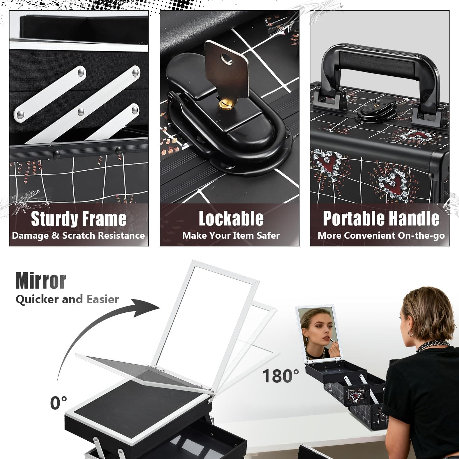 Joligrace Makeup Train Case Portable Makeup Case Organizer 2 Trays Cosmetic Box Storage with Mirror for Cosmetologist Supplies Nail Tech Traveling Makeup Travel Box Punk Love Hearts