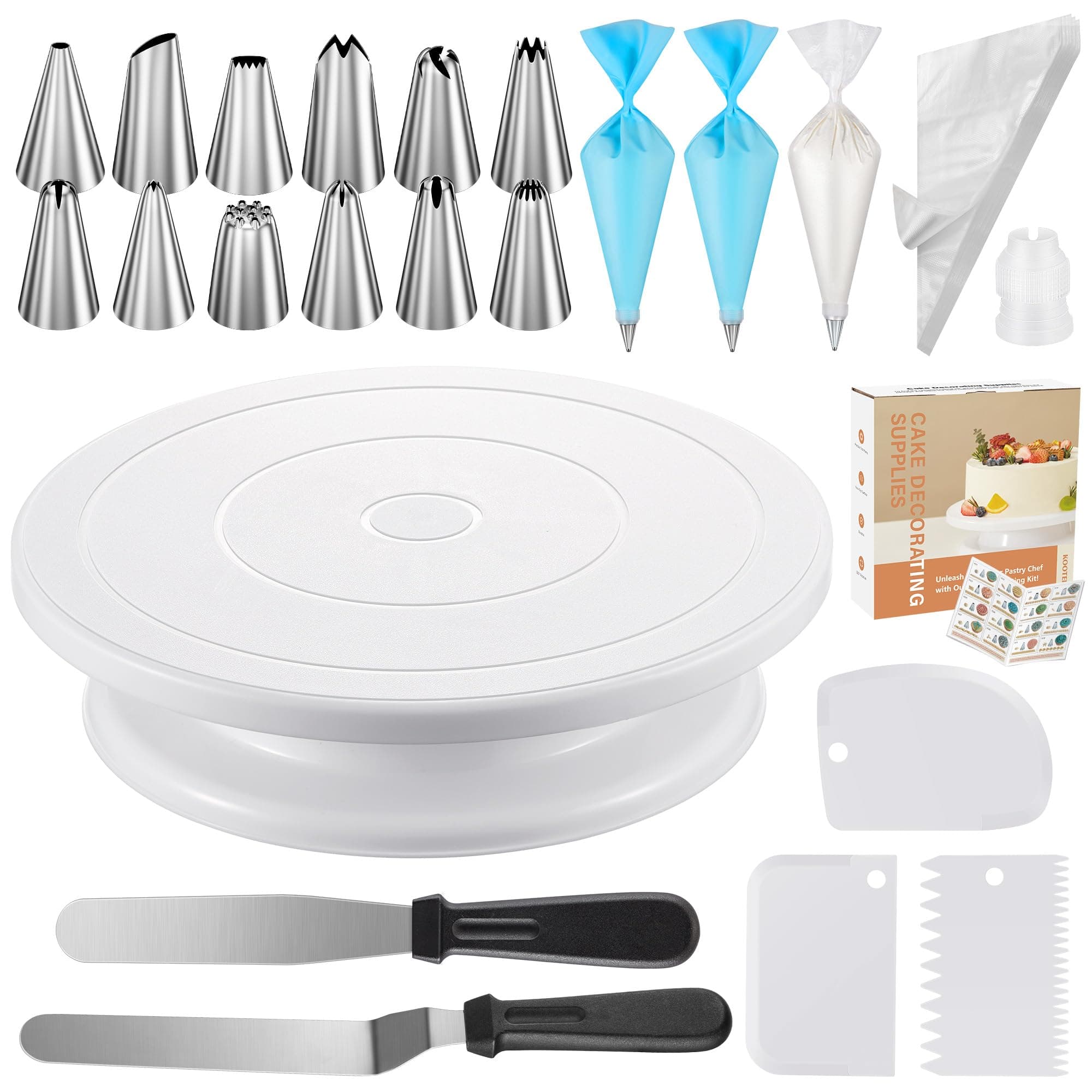 Kootek 71PCs Cake Decorating Kit, Baking Supplies Tools - Includes Cake Stand Turntable, 12 Icing Piping Tips Set, 2 Frosting Spatulas, 3 Scrapers, 50+2 Piping Bags, Coupler, Video Tutorial, Booklet