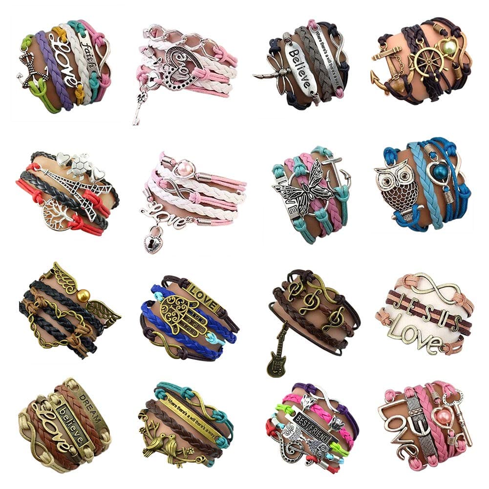 16pcs Handmade Braided Multi Layers Vintage Woven Rope Wrap Bangle Bracelets - Infinity Love Best Friend, One Size, Alloy,Leather
