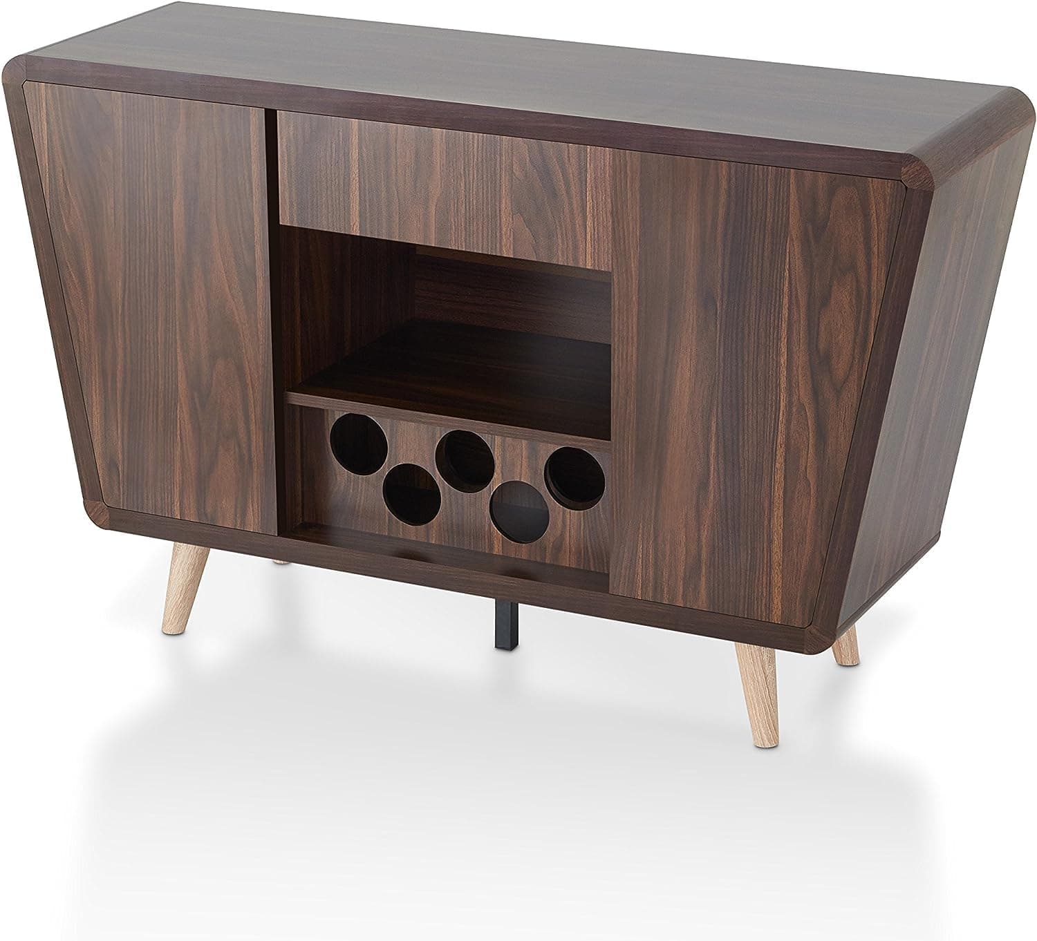 HOMES: Inside + Out Gwendalynn Mid-Century Buffet Server with Handless Drawer Storage, Wine Rack and Side Cabinets, Dark Walnut