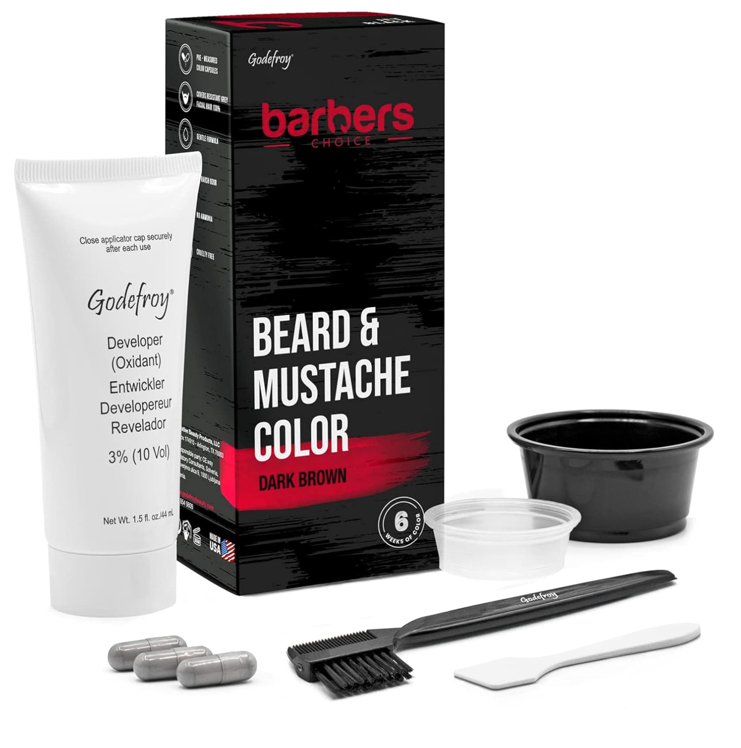 Barbers Choice 3 Application Beard and Mustache Dye For Men, 6 weeks of Cover For Gray Facial Hair, Dark Brown