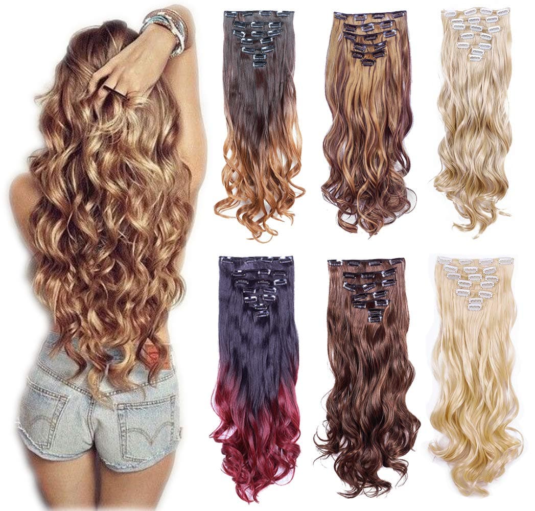 7Pcs 16 Clips 22'' Thick Curly Full Head Curly Wave Clips in on Synthetic Hair Extensions Hair pieces for Women (4H/27 Ginger Brown mix bleach blonde)