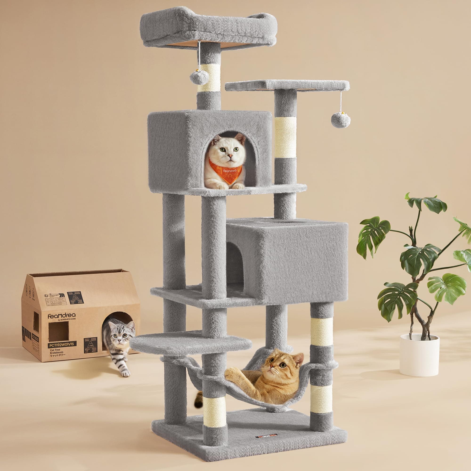 Feandrea Cat Tree, 59.5-Inch Tall Cat Tower, Plush Multi-Level Condo with 5 Scratching Posts, 2 Perches, 2 Caves, Hammock, 2 Pompoms, Light Gray UPCT192W01