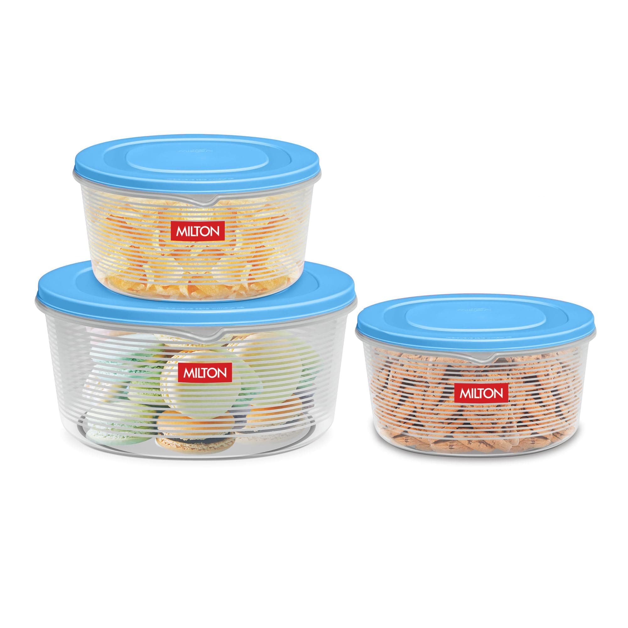 MILTON Store IT Round Plastic Food Storage Container with Air Tight Lids, Set of 3 (1 Ltr, 2 Ltr & 3 Ltr) Fridge Boxes, Multipurpose Leakproof Box for Vegetable Snacks Kitchen Bowl, Blue