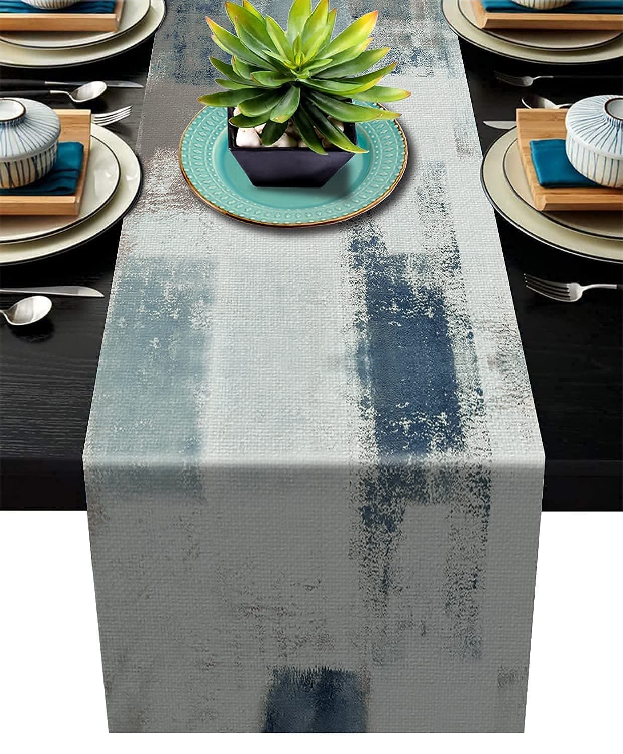 Table Runner Turquoise and Grey Abstract Dinner Table Runners Farmhouse Style Burlap Rustic Table Runner for Home Kitchen Party Decor Everyday Use 13 x 70 Inches
