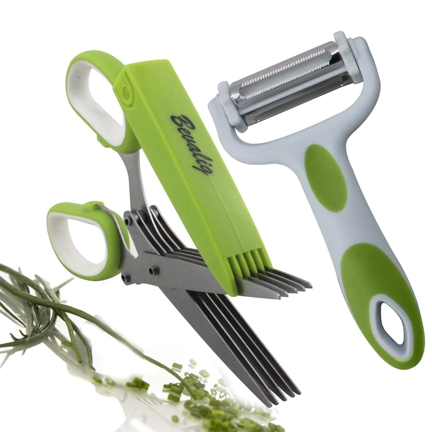 Herb Scissors And Multipurpose Peeler - 5 Sharp Blades Stainless Steel Unique cooking utensils Kitchen Shear Gadgets with Cover & Cleaning Comb - With Bonus EBook