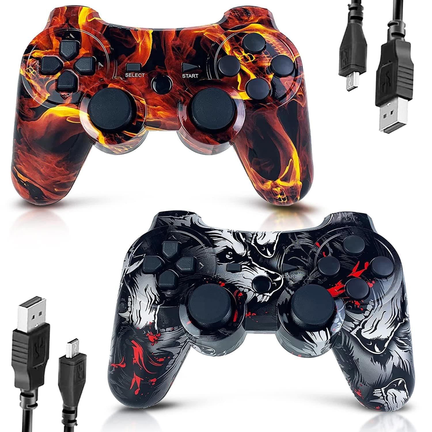 CHENGDAO Controller for PS3 Controller 2 Pack for PlayStation 3 High-Performance Wireless Controller with Double Vibration Motion Control, Flame&Wolf