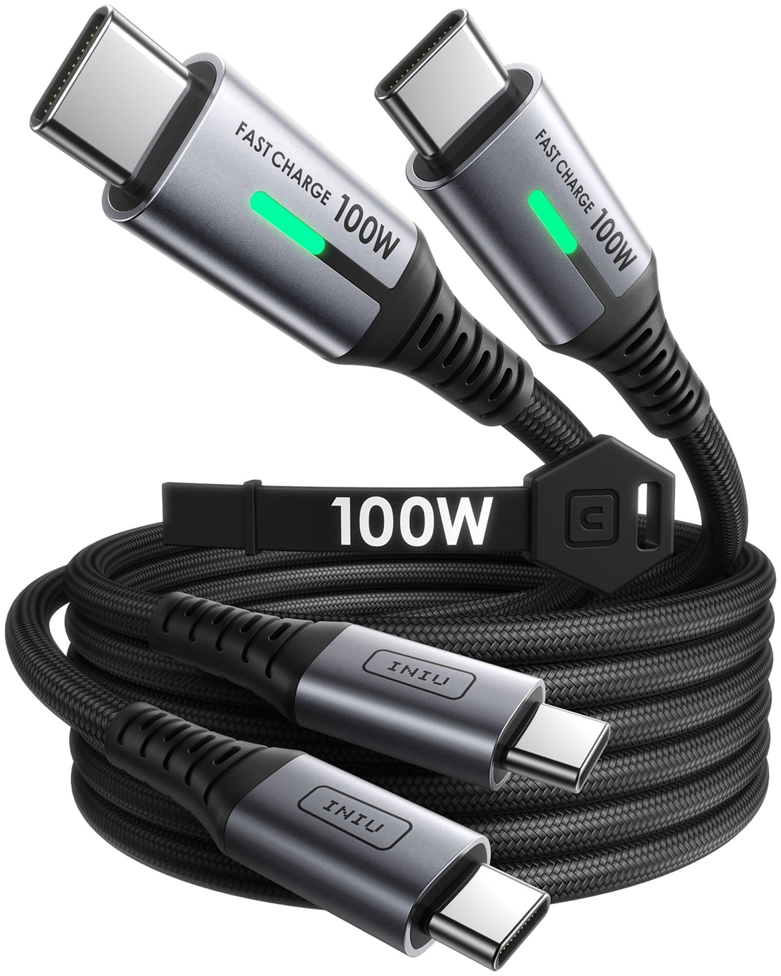 INIU USB C to USB C Cable, (6.6ft, 2-Pack) 100W USB C to C Fast Charging Cord, Braided Type C Charger Cable for iPhone 16 Pro Max 15 Plus Samsung Galaxy S24 S21 S10 Note 10 MacBook iPad Kindle etc.