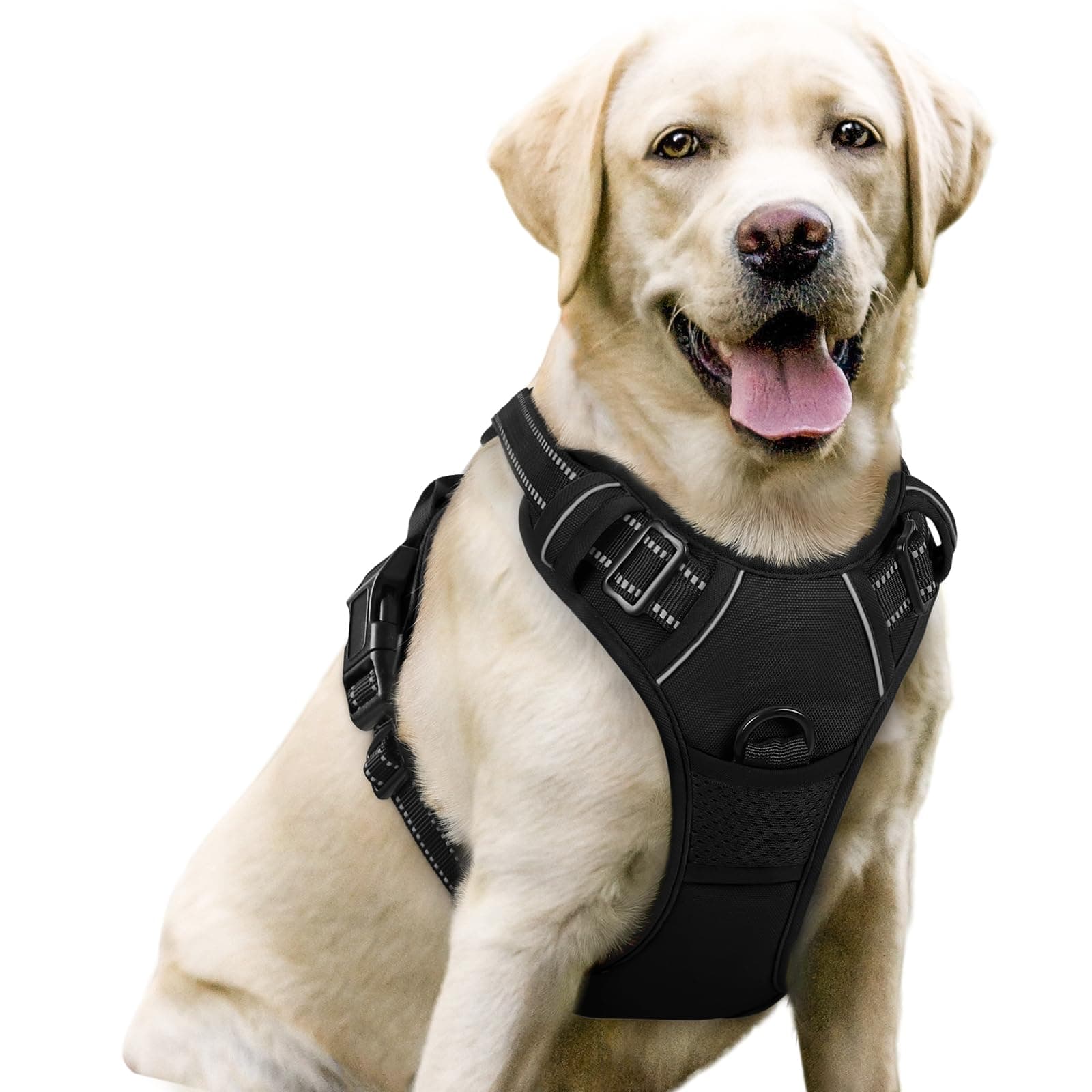 Dog Harness No Pull with 2 Leash Clips, Adjustable Soft Padded, Reflective Oxford No Choke Pet Vest with Easy Control Handle for Large Dogs, Black, L