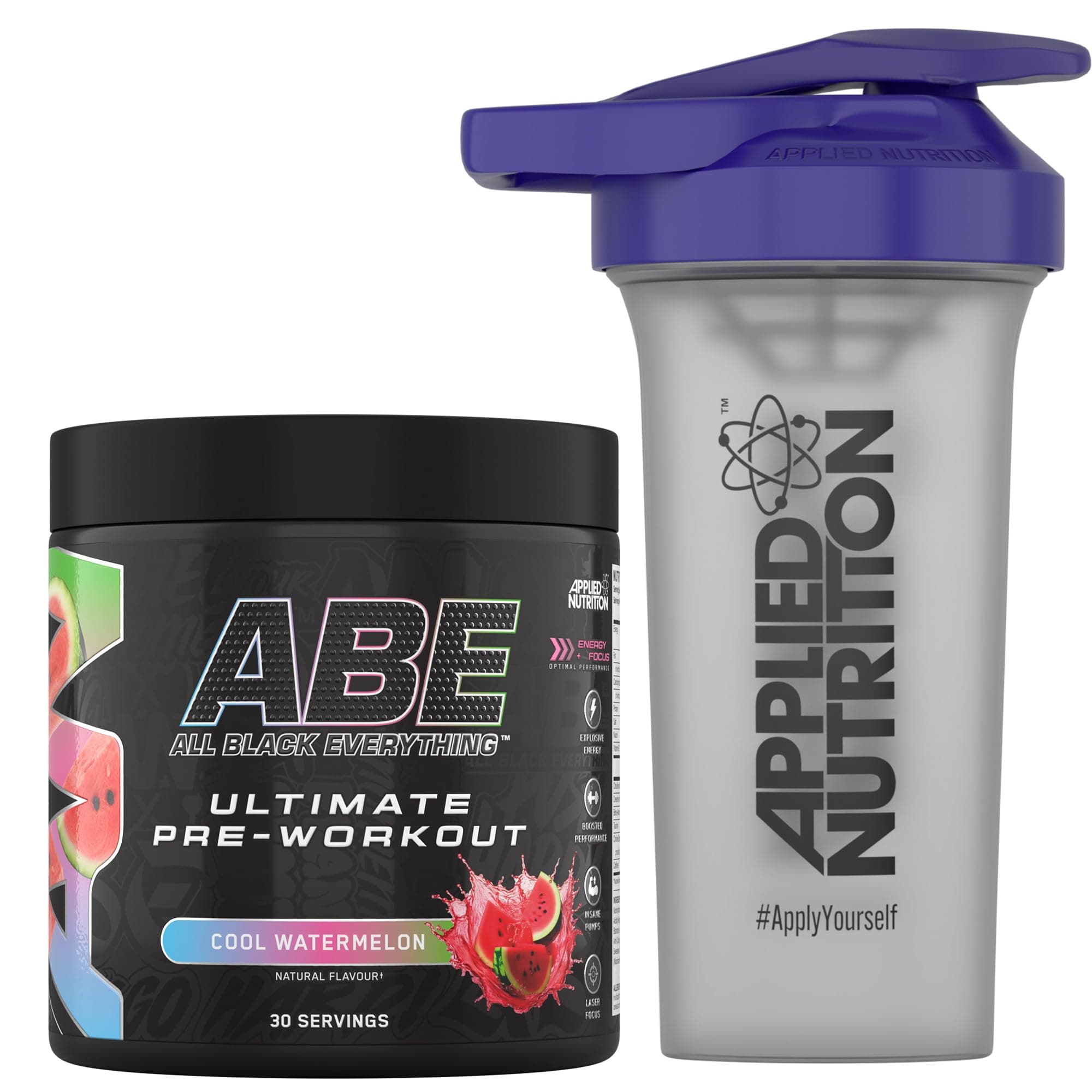 Bundle ABE Pre Workout 375g + 700ml Protein Shaker | All Black Everything Pre Workout Powder, Energy & Physical Performance with Creatine, Beta Alanine (Cool Watermelon)
