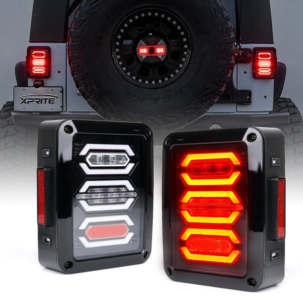 Xprite Clear Lens Red LED Tail Lights Assembly w/Turn Signal & Back Up & Brake Light, Plug & Play Compatible with 2007-2018 Jeep Wrangler JK JKU - G3 Diamond Series