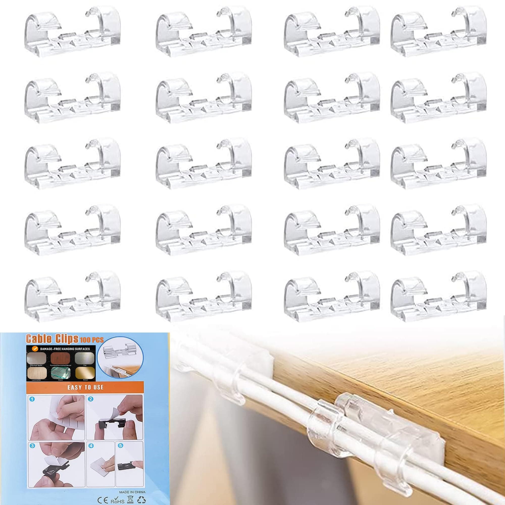 100-Piece Sticky Cable Clips with 3M Sticky Pad