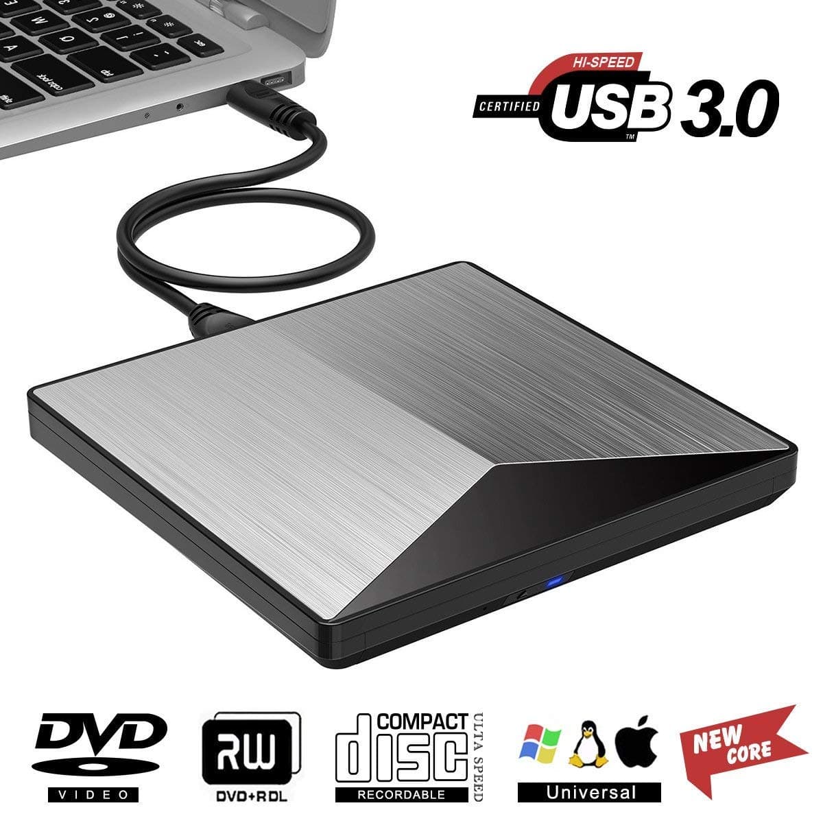 External CD/DVD Drive ,USB 3.0 DVD +/-RW Superdrive CD Burner with High Speed Data Transfer Compatible for Macbook Laptop Desktop PC Windows10 /8/7 /XP Linux Mac OS (Silver)