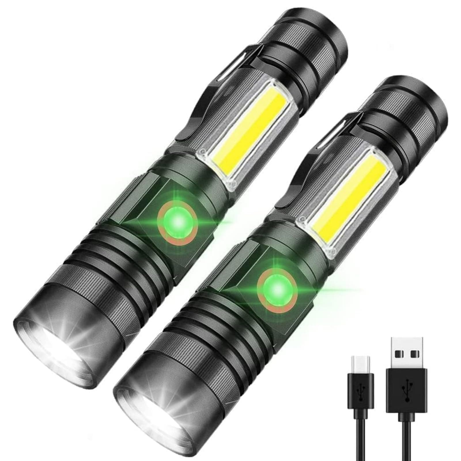 iToncs LED Rechargeable, Super Bright Magnetic Flashlight with COB Work Light, Waterproof, 4 Modes, Pocket Tactical Flashlights for Outdoor Camping Emergency 2 Packs