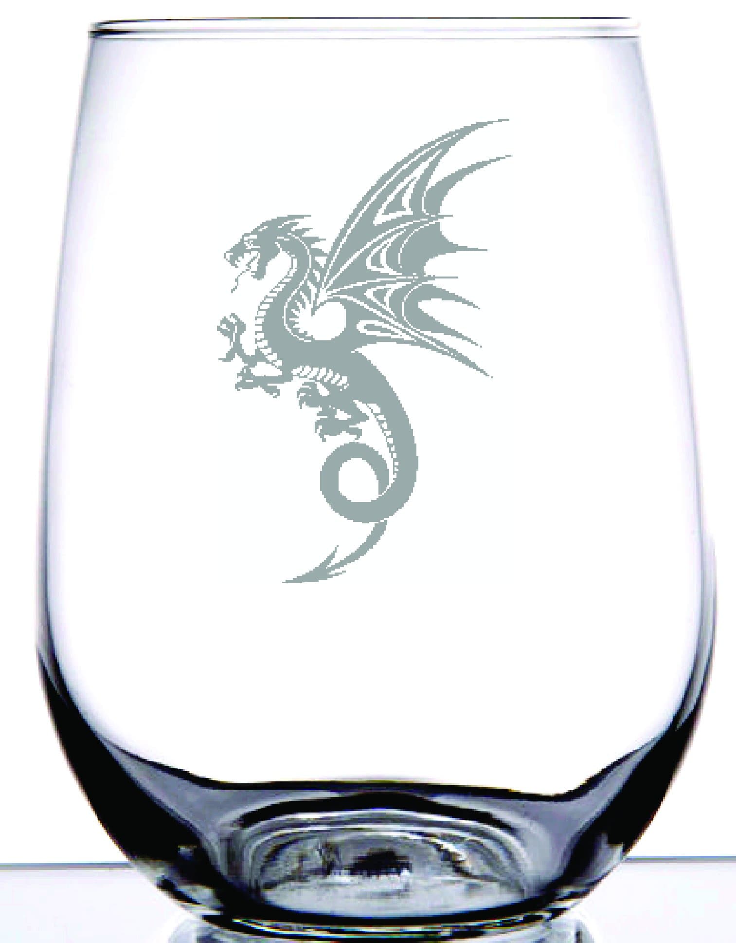 "Game of Thrones" Inspired Dragon Etching on 21 oz Stemless Wine Glass