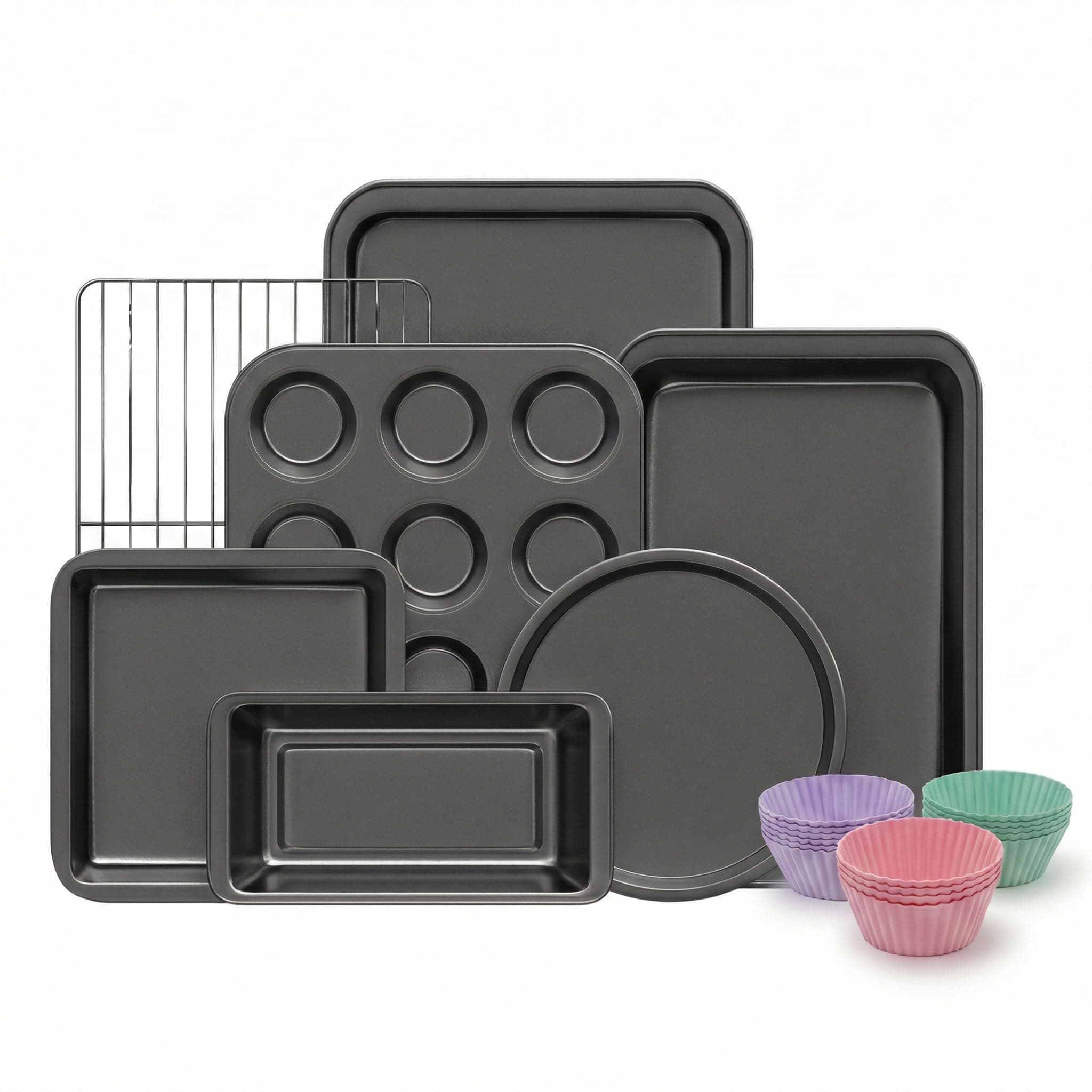 Baking Pans Sets, Nonstick Bakeware Set 8-Piece with Round/Square Cake Pan, Loaf Pan, Muffin Pan, Cookie Sheet, Roast Pan, Cooling Rack & Silicone Oven Mitts, Carbon Steel Bake Set
