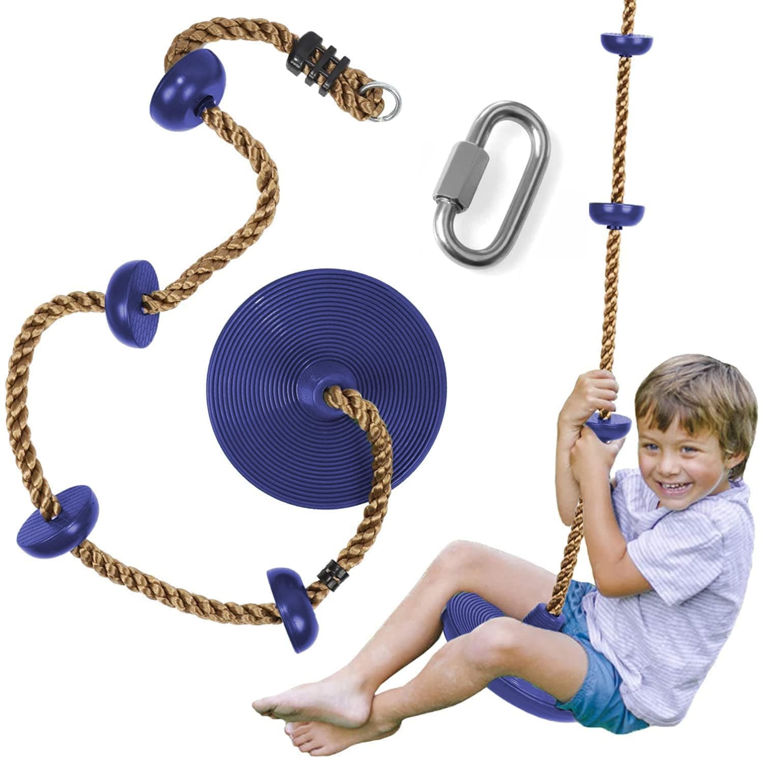 Plastic Platforms Disc Tree Swing Seat And Climbing Knot Rope With Carabiner Hook For Kids Outdoor Playground Set (Blue, 30 Cm, 200 Cm, 200 Cm)