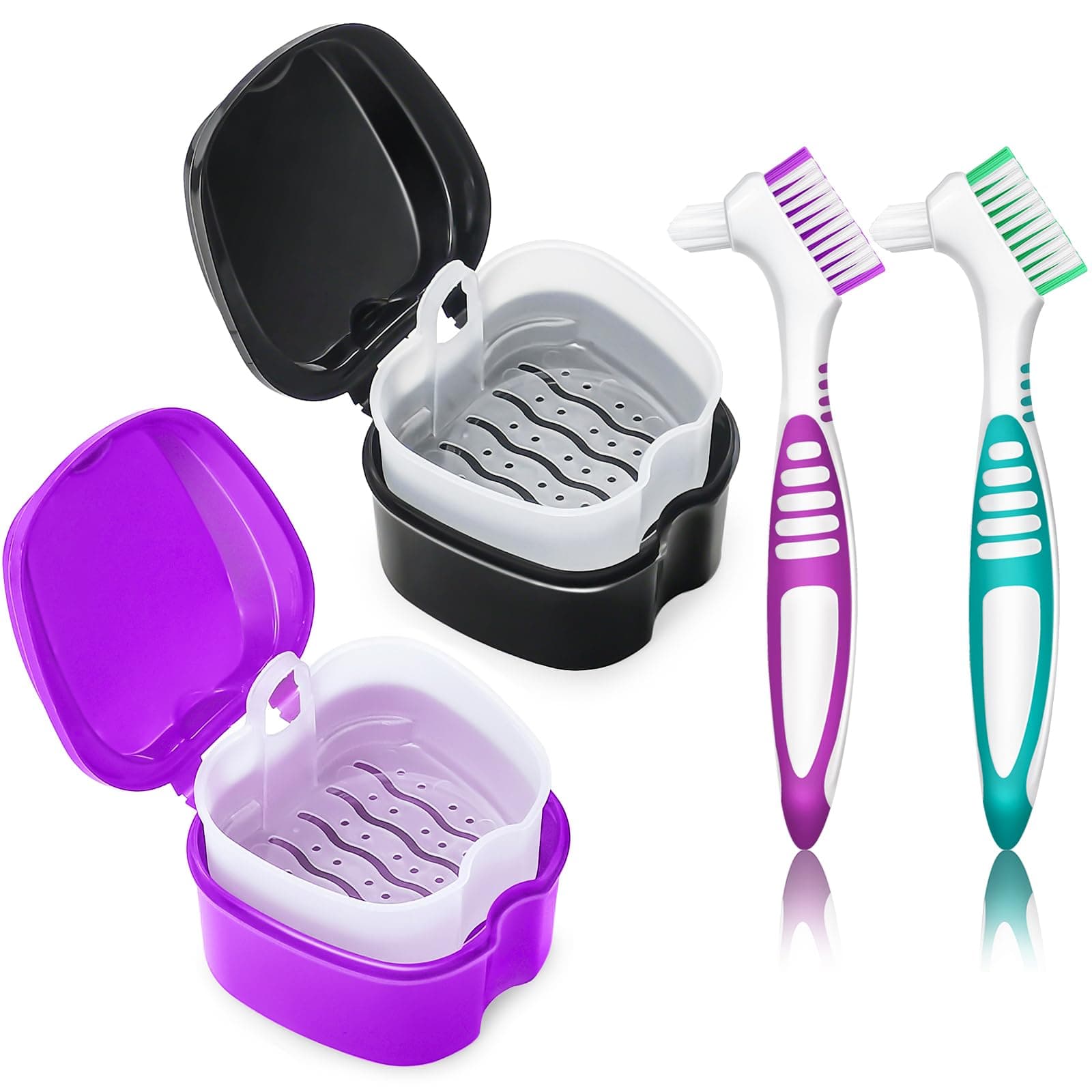 Denture Bath Case Denture Cleaning Cup with Brush Set, 2 Pack False Teeth Container Denture Storage Bath Box Case Retainer Holder Case with Strainer Basket and Lid Waterproof - Purple & Black