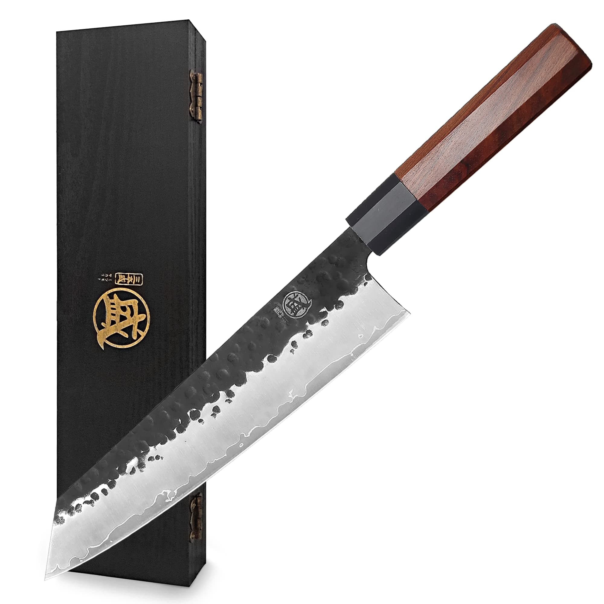 MITSUMOTO SAKARI Kiritsuke Chef Knife 9 inch - Hand Forged Japanese Kitchen Knives, 3-Layer 9CR18MOV High Carbon Steel, Rosewood Handle & Sandalwood Box