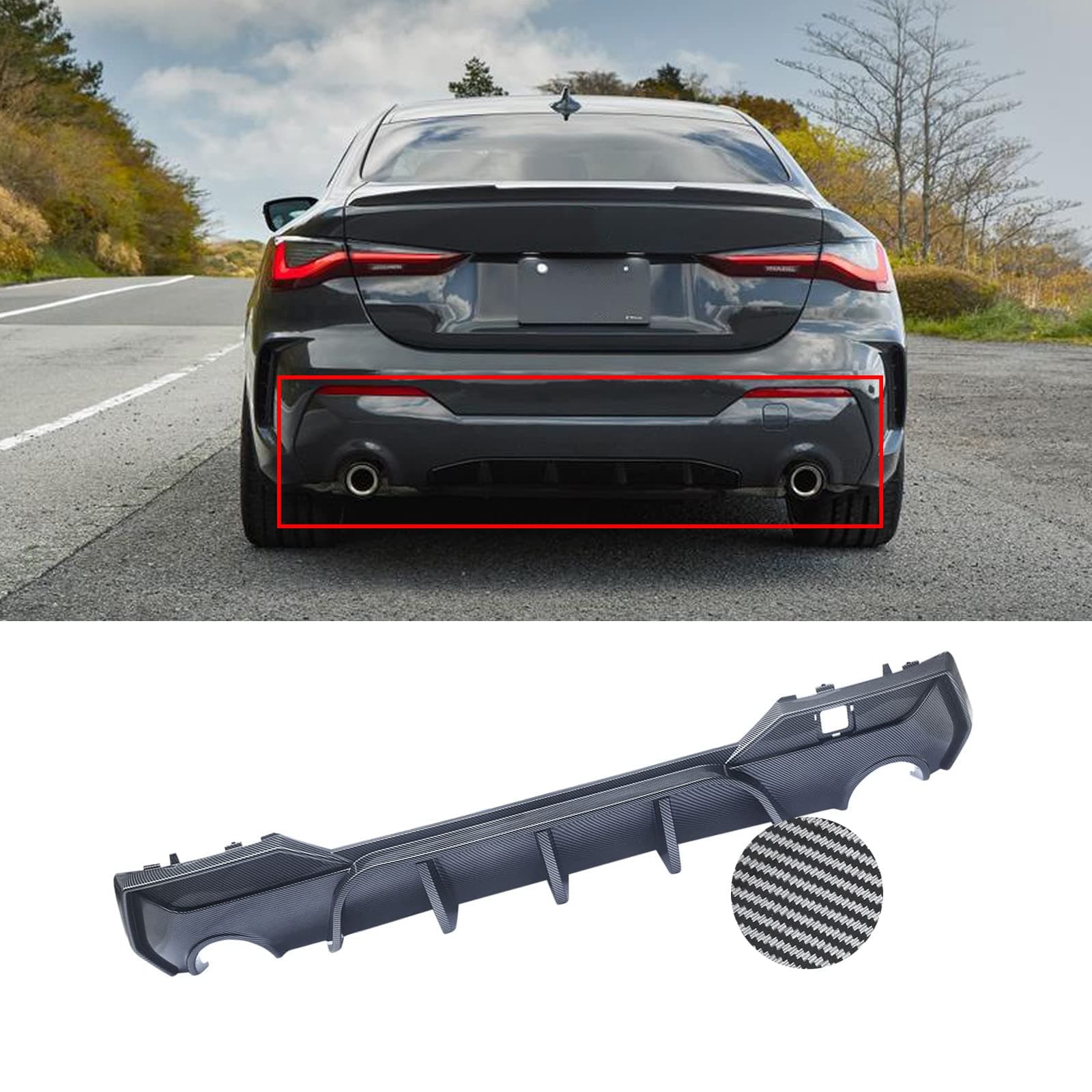 NINTE Rear Diffuser for 2021-2025 BMW 4 Series G22 G23 M-Sport ABS Carbon Fiber Coating Painted with Light Rear Bumper Diffuser Lip Spoiler