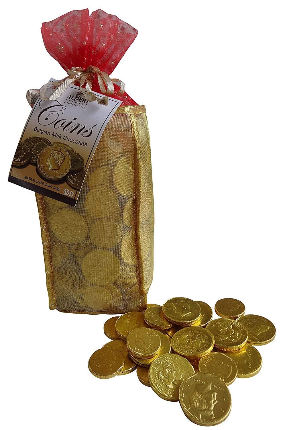 Solid Milk Chocolate Coins by Albert Premier Belgian Chocolatiers - Bulk 2 Pounds 9 Ounces in Gold Mesh Bag