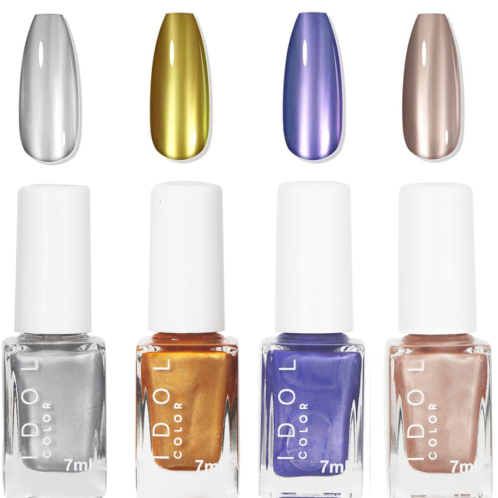 Azonee Metallic Nail Polish Set - 4PCS Chrome Mirror Silver Quick Dry 3D Metal Effect Art - No UV Needed