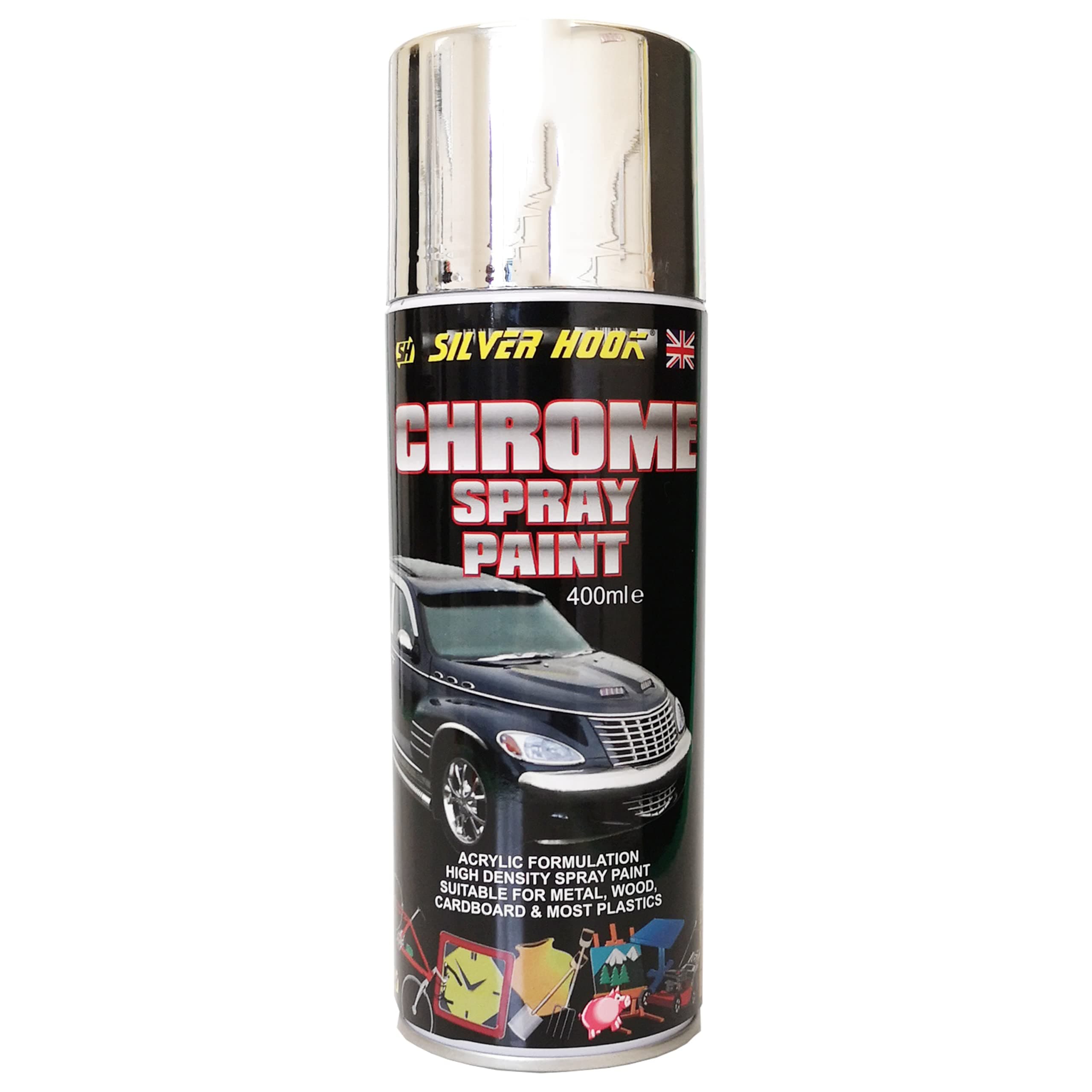 Silverhook Chrome Effect Acrylic Spray Paint 400ml Metallic Colour Touch Up Multi-purpose quick drying