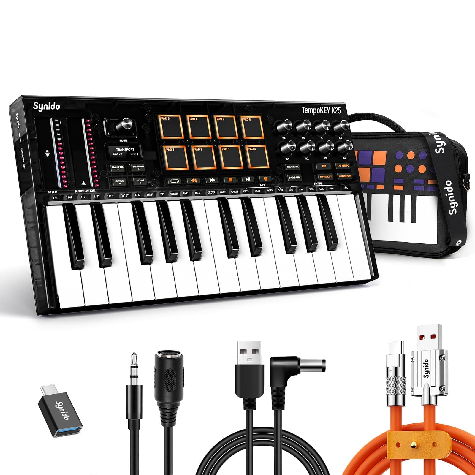 25 Key USB MIDI Keyboard Controller with 8 Drum Pads, Professional Mini Midi Keyboard with OLED Screen, Beat Maker Machine for Music Production, Black, TempoKey K25