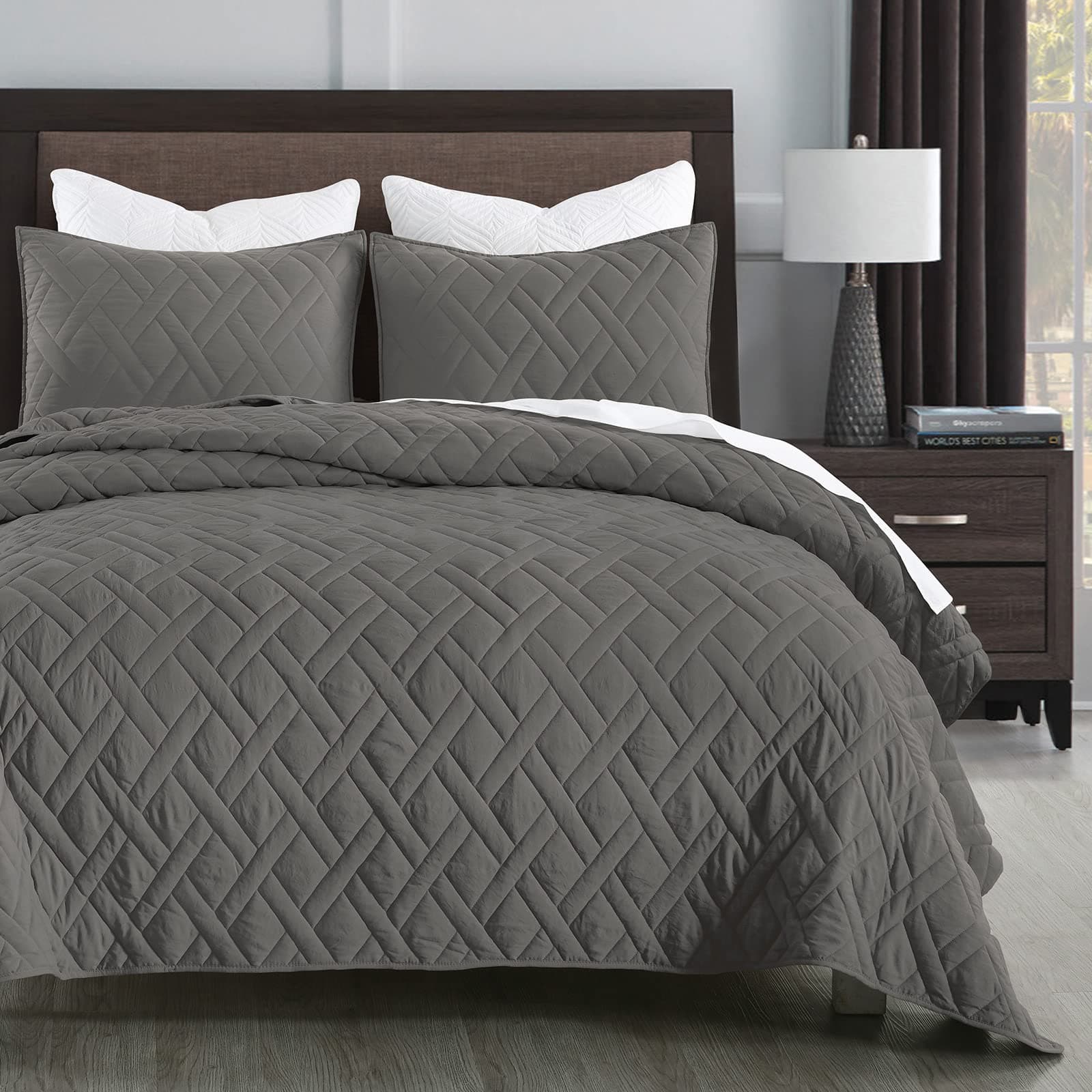 Soft Lightweight Grey Microfiber Quilt Classic Geometric Diamond Pattern