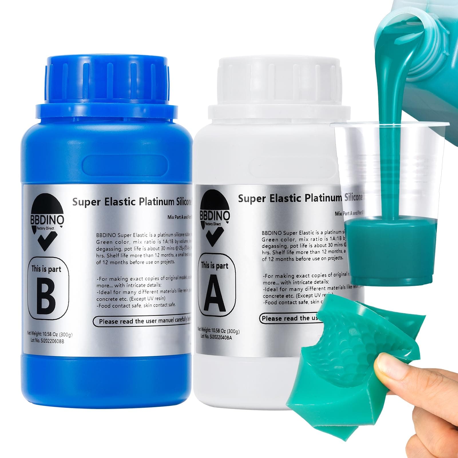 BBDINO Silicone Mold Making Kit, Super Elastic Liquid Silicon for Mold Making, N.W. 21.2 oz, 1:1 by Volume, Jade Green, Ideal for Casting Silicone Molds for Resin/Plaster/Wax/Jewelry etc.