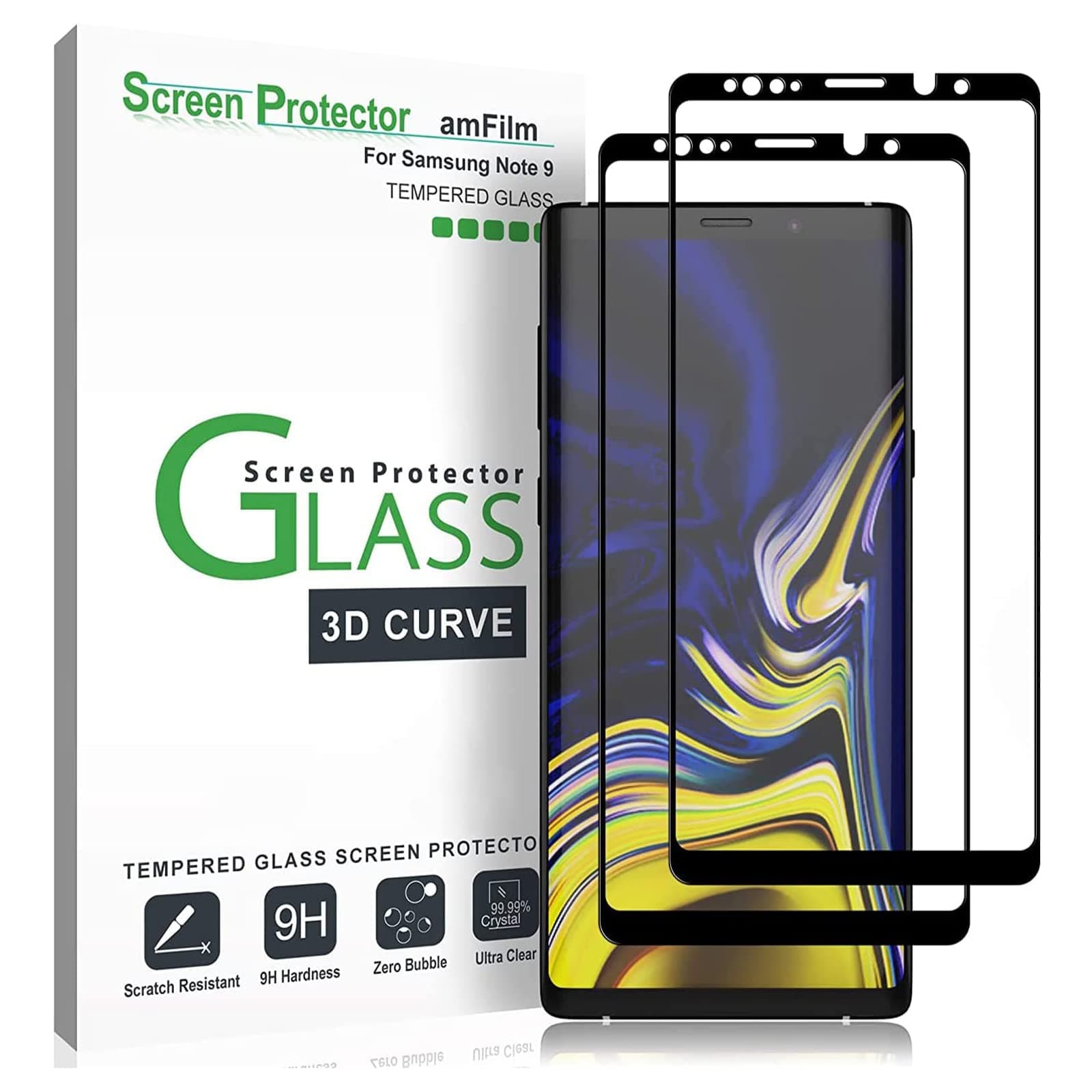 Screen Protector for Samsung Galaxy Note 9, Full Screen Coverage Screen Protector, 3D Curved Tempered Glass, Dot Matrix with Easy Installation Tray (Black), 2 Pack