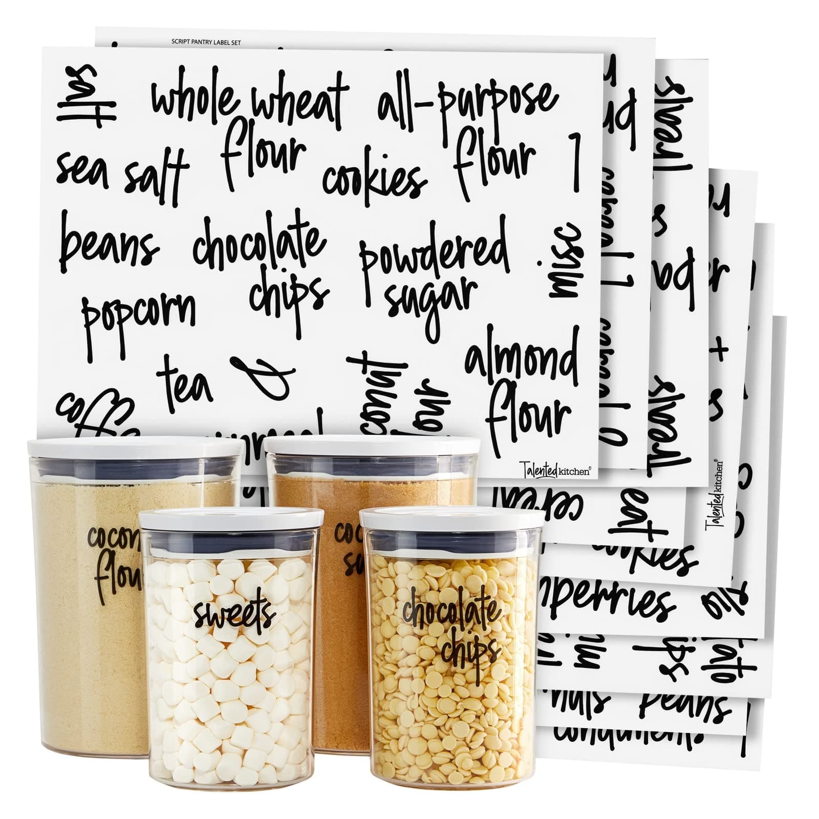 Talented Kitchen Script Pantry Labels – Preprinted Label Sticker Set . Script Design, Clear, Water Resistant, Food & Spice Jar Labels for Pantry Organization and Storage (Set of 57- Script)