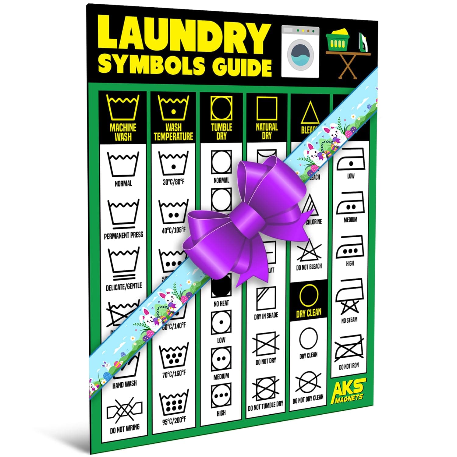 Laundry Symbols Guide Magnet - Extra Large Easy to Read 8.5” x 11” Clothing Care Instruction Cheat Sheet – Washing, Drying, Ironing & Bleaching Accessory - Functional Modern Laundry Room Art Decor