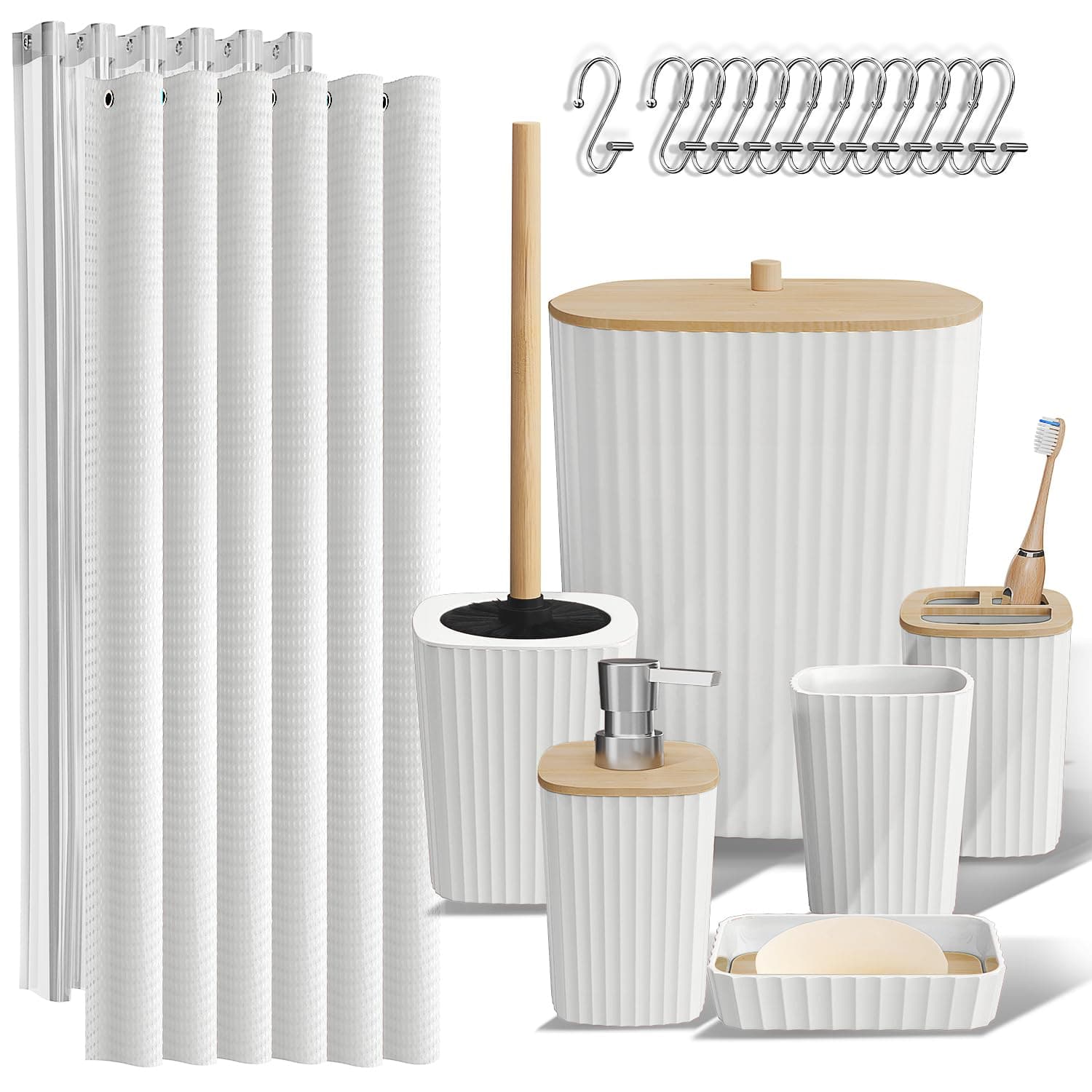 Clara Clark Bathroom Accessories Set - Bathroom Set, 20PC Bathroom Accessory Set, White Shower Curtain Set, Toilet Brush, Trash Can & Soap Dispenser