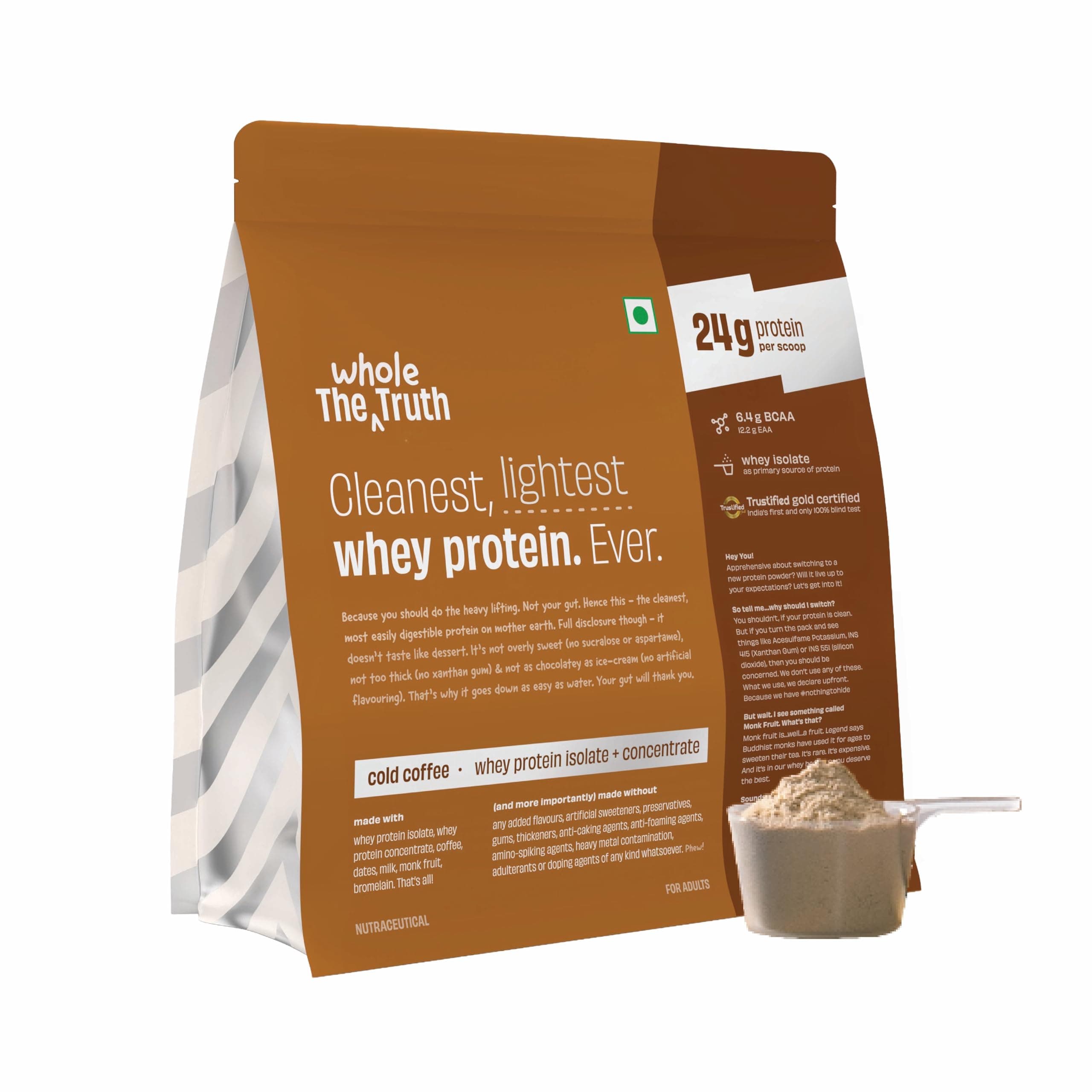 The Whole Truth Whey Protein Isolate+Concentrate | Cold Coffee 1 kg (2.2 lbs) | 24g Protein/Scoop | 6.6g BCAA | 100% Authentic Whey & No Adulteration | Clean, Light & Easy to Digest | Vegetarian