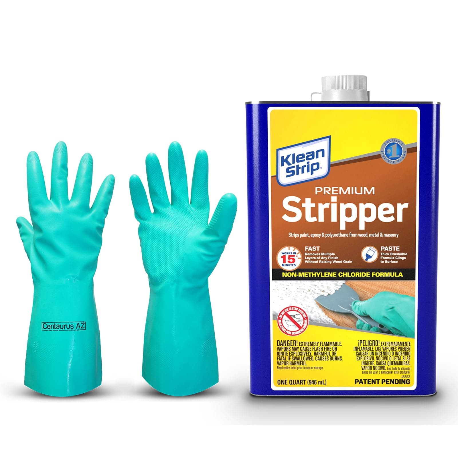 Klean Strip Premium Stripper Epoxy Polyurethane Varnish and Paint Remover for Wood Metal and Masonry- Engine Paint Remover- Furniture Stripper-Available with Centaurus AZ Gloves -1 QT