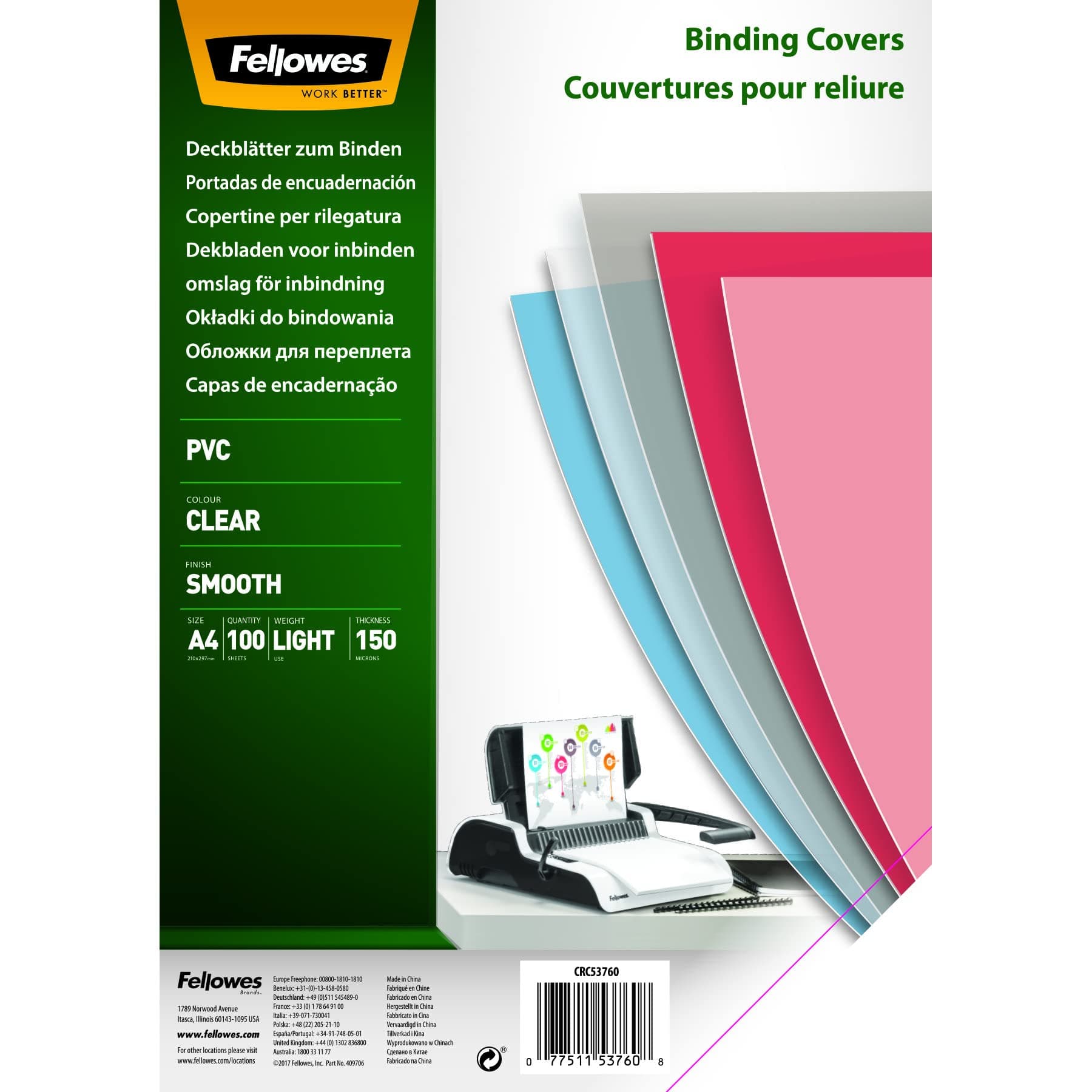 Fellowes A4 Clear PVC Binding Covers, 150 Micron Transparent Protective Sheets, Smooth Finish, Pack of 100 - Compatible with Comb & Wire Binding