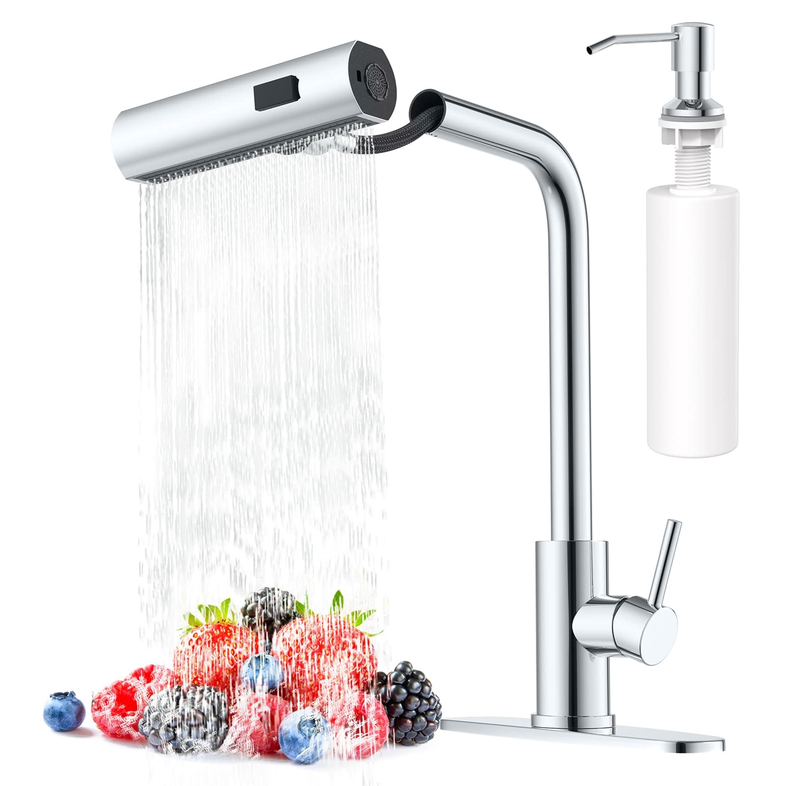 AVSIILE Waterfall Kitchen Faucets with Pull Down Sprayer & Soap Dispenser in Chrome, Single Hole, Single Handle, Pull Out Tap, Stainless Steel Sink Faucet, Suitable for Farmhouse Camper Laundry Rv Bar
