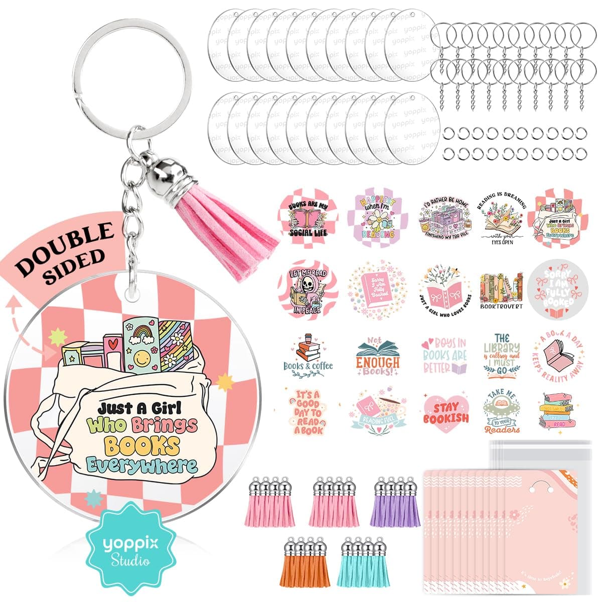 YOPPIX 140 PCS Acrylic Keychain Blank Set, Book Double-Sided UV DTF Stickers Acrylic Keychain Making Kits for Vinyl DIY Craft Project