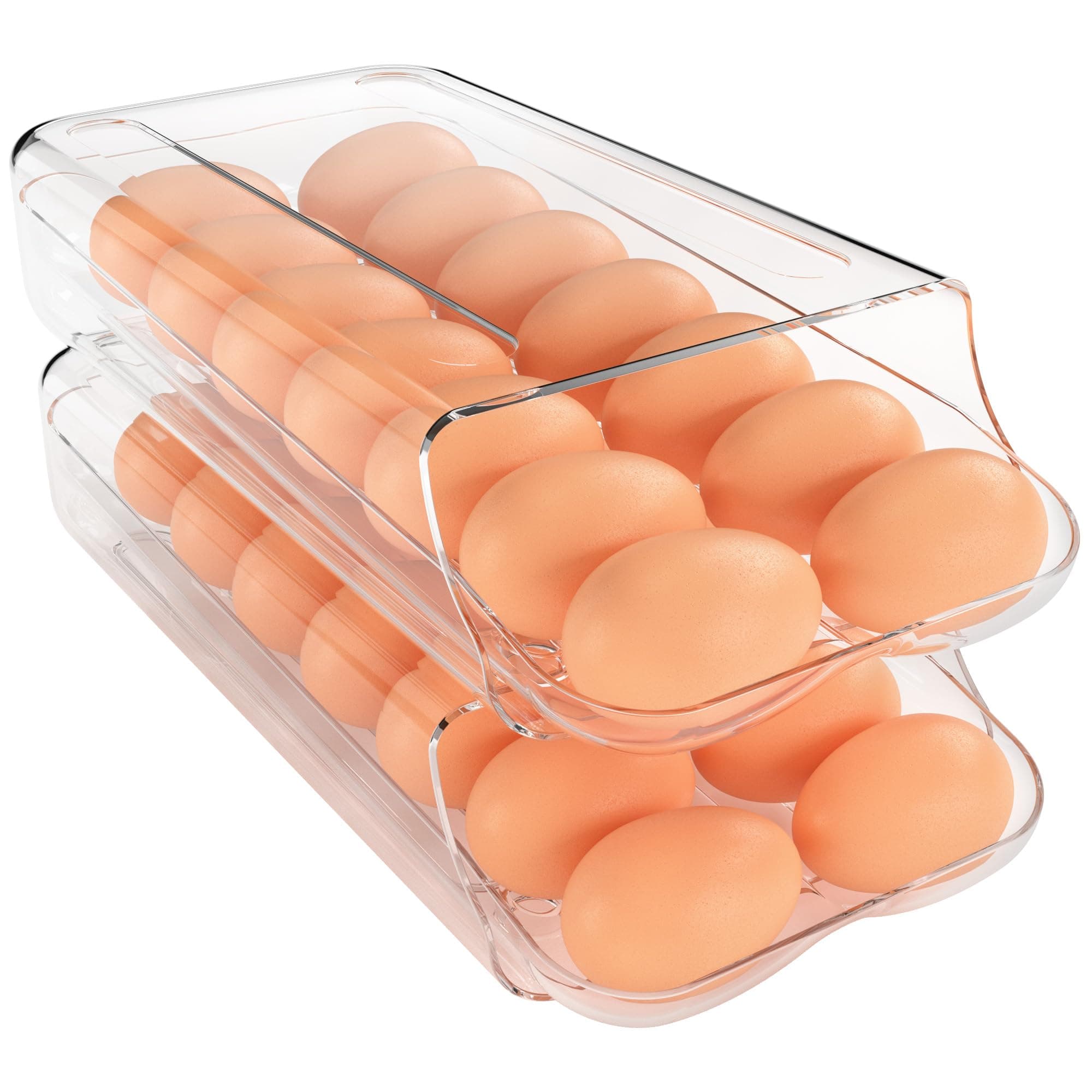 theaoo Egg Holder for Fridge, Automatic Rolling Egg Container for Refrigerator, Clear Plastic Egg Dispenser, Stackable Eggs Organizer with Quick Removable inner Tray For Organizers and Storage, 2 Pack