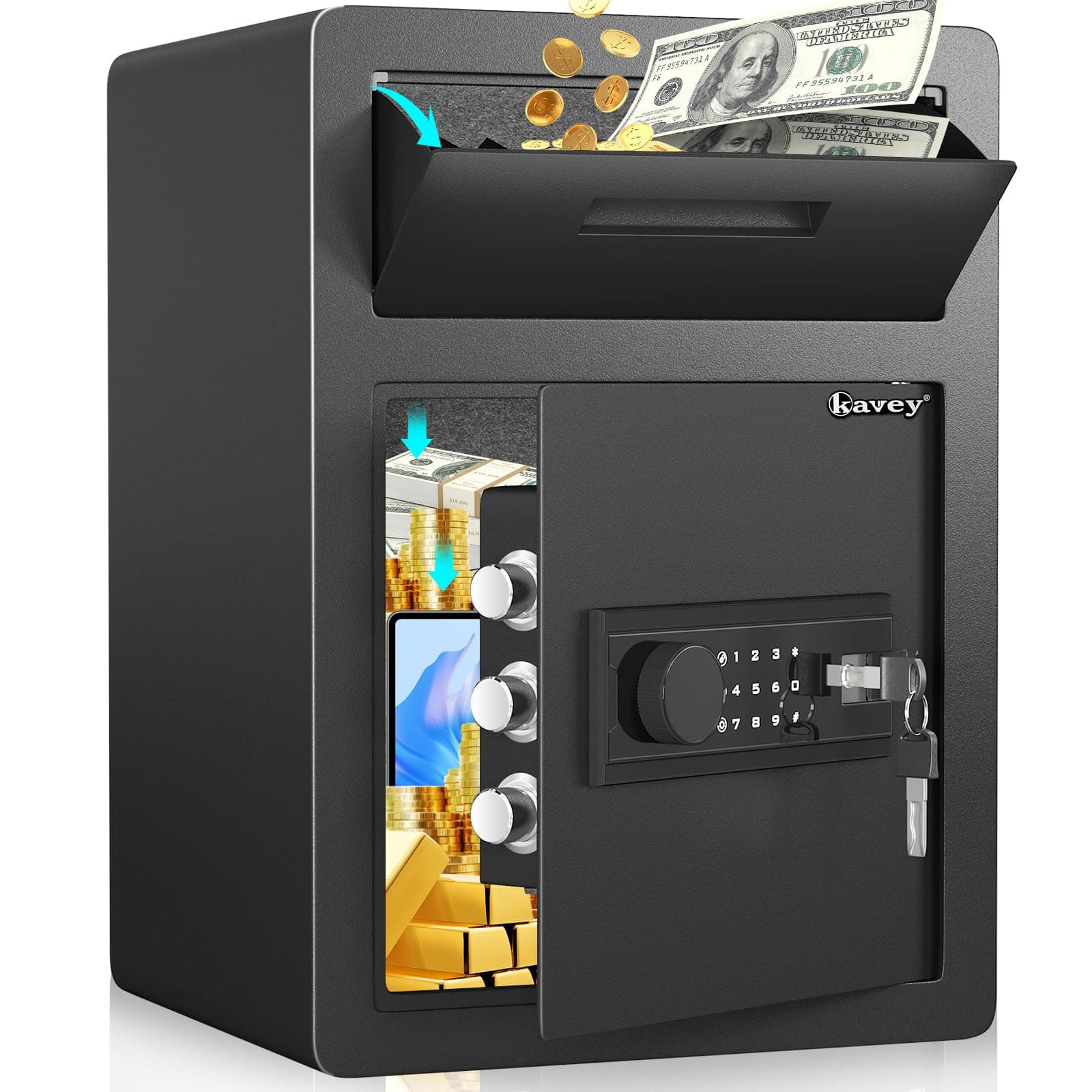 Kavey 2.6 Cub Fireproof Safe, Deposit Box with Drop Slot, Drop Safe for Business, Money Box with Backlit Touch Keypad & Dual Alarm for Home