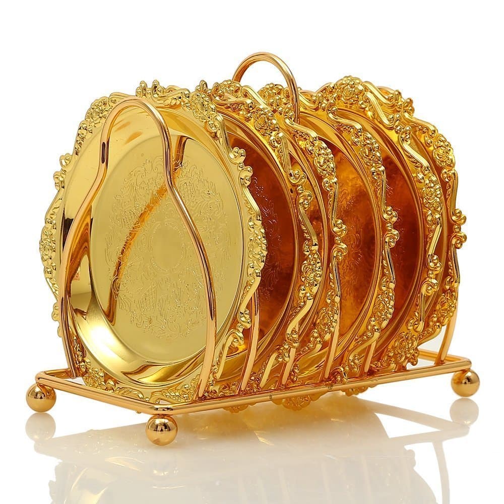 SMKF Collection 6 Piece Coaster Creative Drink Coasters with Decorative Rack Non-Slip Metal Cup Mats Tabletop Display with Holder for Bar,Home, Kitchen,Coffee Table Centerpieces Decoration (Golden)