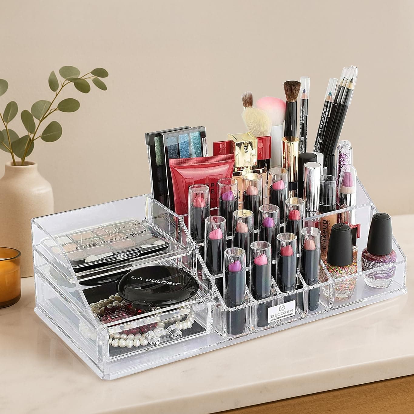 Decozen Makeup Organizer - Vanity Storage with Multiple Compartments and Drawers for Brushes, Lipsticks, Jewelry, Perfume, Perfect for makeup organizer countertop, makeup holders and organizers
