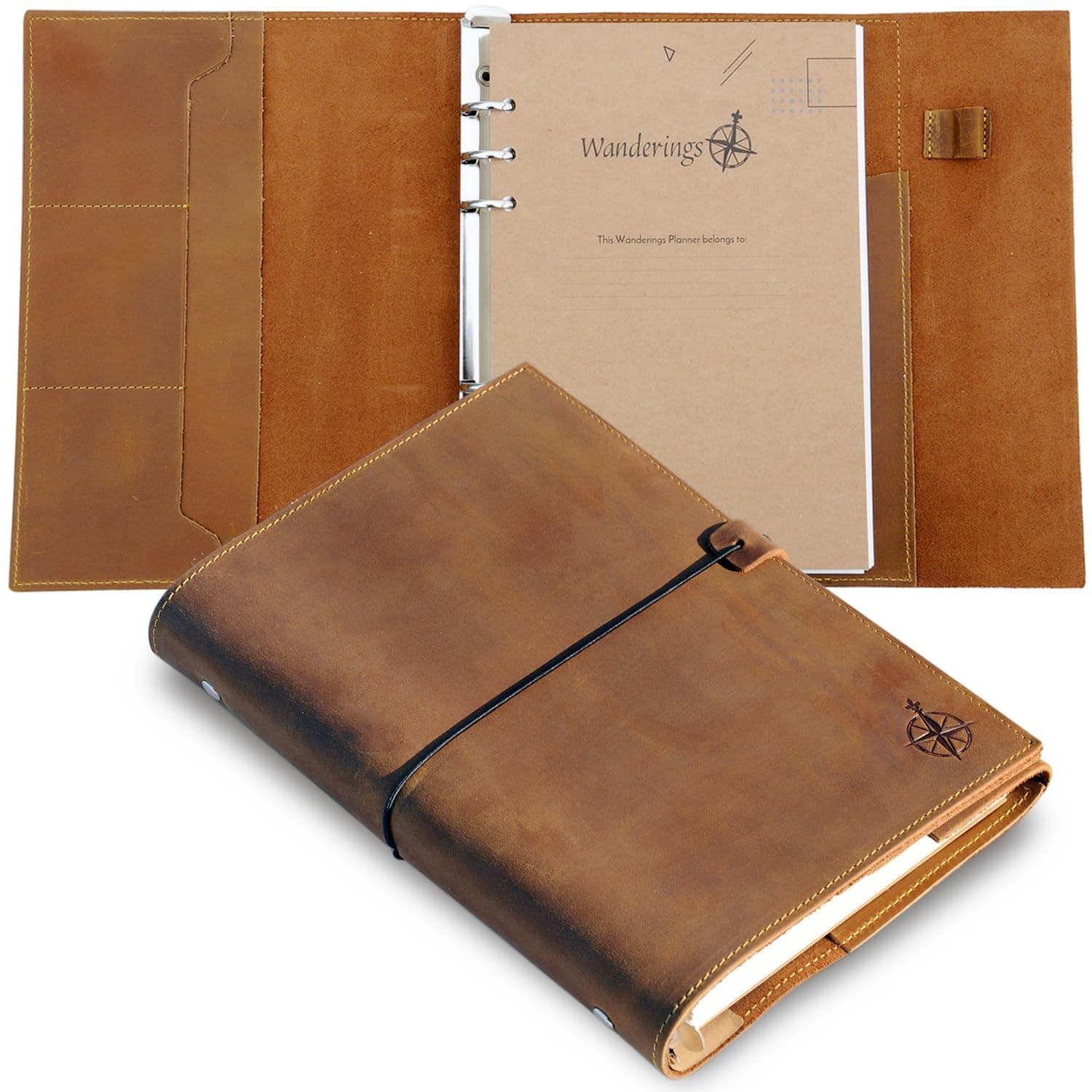 Wanderings A5 Leather Binder Planner - Refillable 6 Ring Journal with Inner Pockets - Hand-Crafted Genuine Leather Organizer- Filofax Compatible. 2026/27 Monthly Weekly Calendar with Notes -15 x 22cm