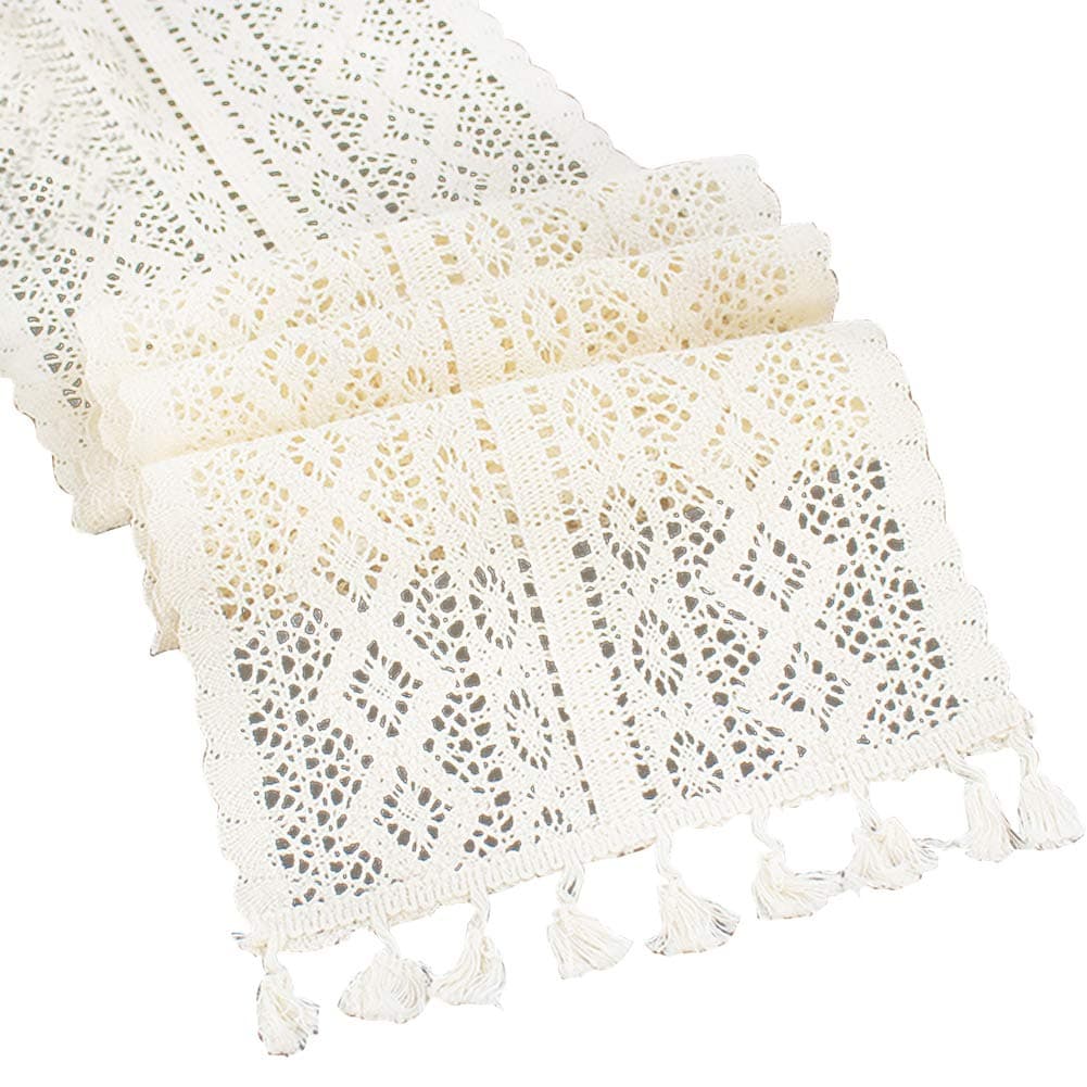 Dyda6 Macrame Table Runner, Cotton Crochet Lace Table Runner with Tassels, Vintage Wedding Table Runner Bohemians Dining Room Style for Wedding Bridal Dining Table(24x240cm),White