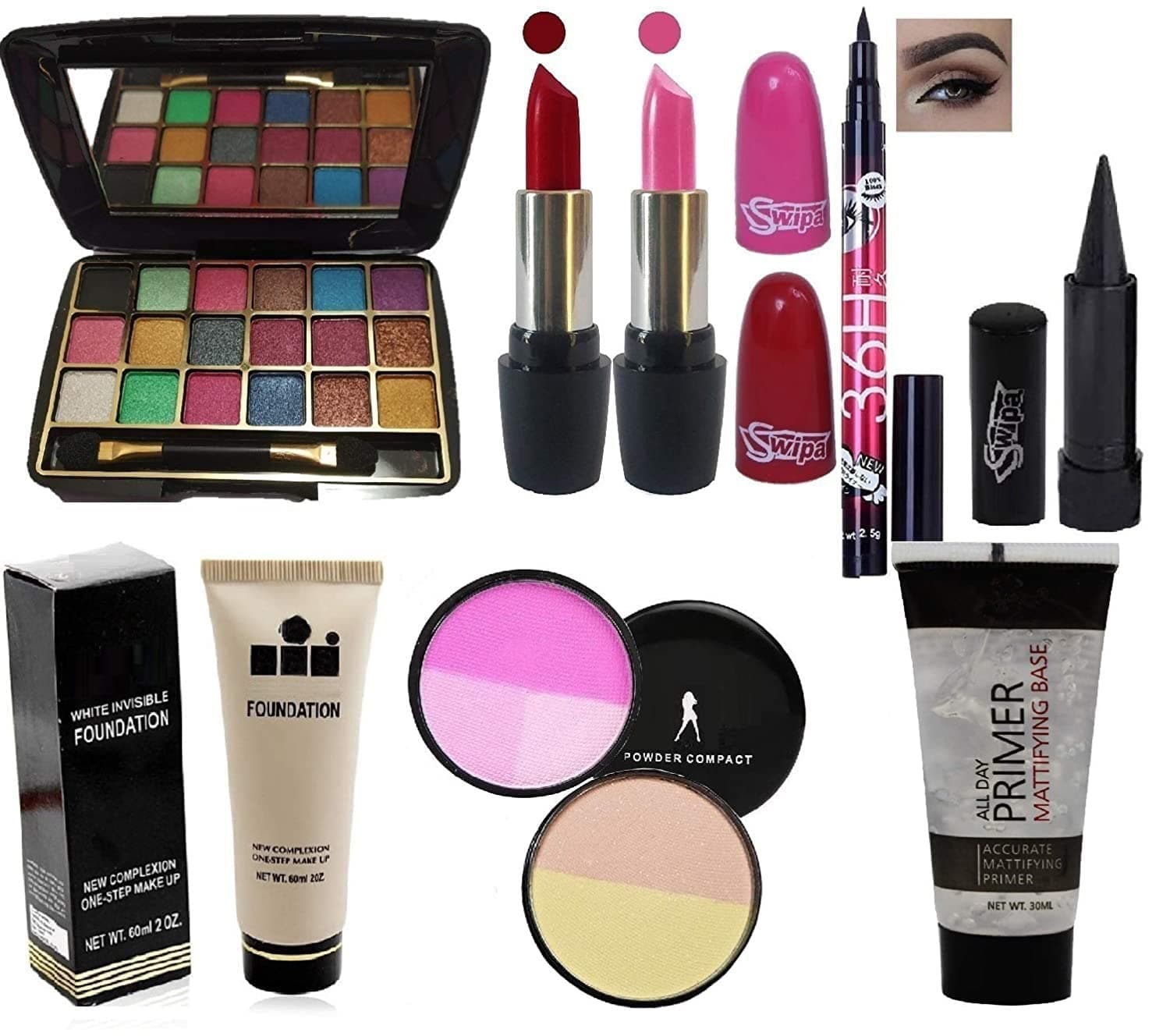 SWIPA Makeup All In One Makeup Kit Sets Combo(Pink Red Lipstick,18Color Eyeshadow,6hrs Eyeliner,Kajal,Foundation(60ml),Multi Compact Powder,Face Primer30ml)