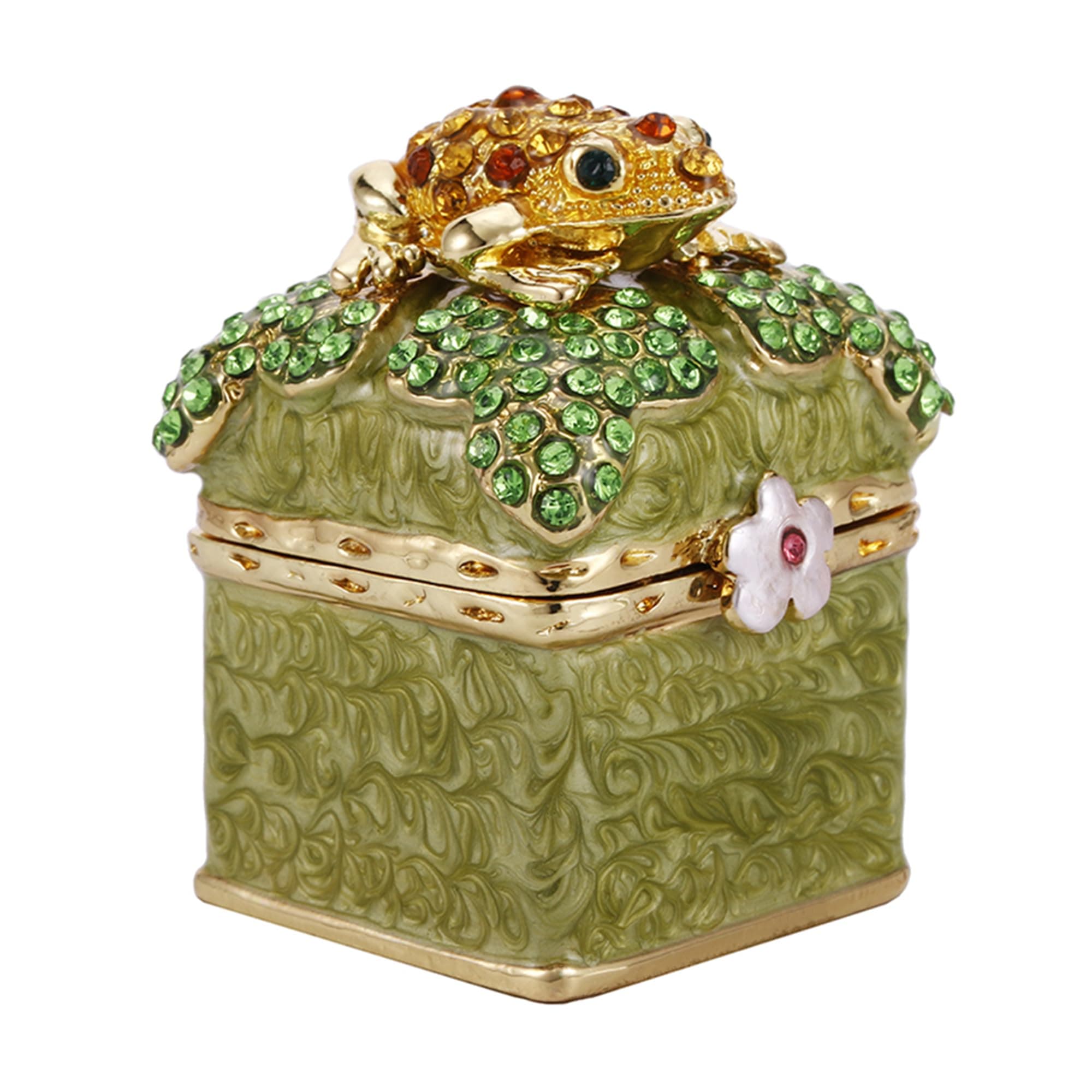 Hand Painted Enameled Mini Frog Trinket Box, Hinged Unique Mini Ring Necklace Jewelry Organizer, Classical Bejeweled Storage, Figurine Collectible Keepsake Home Decor (Frog on Box)