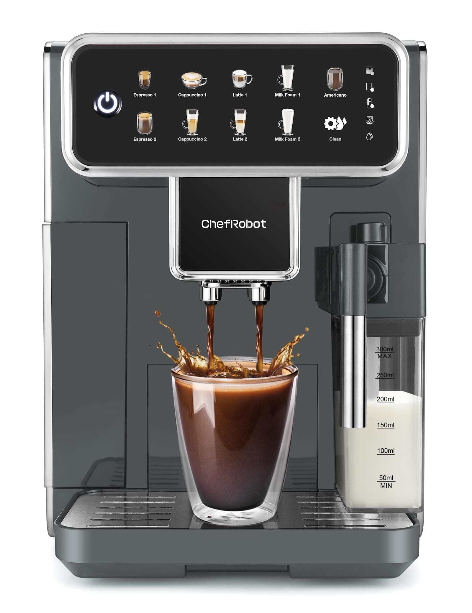 Chef Robot Automatic Espresso Machine Coffee Maker 12 Cup with Grinder Cappuccino Latte Americano Machine with Milk Frother for Home/Office (Gray)