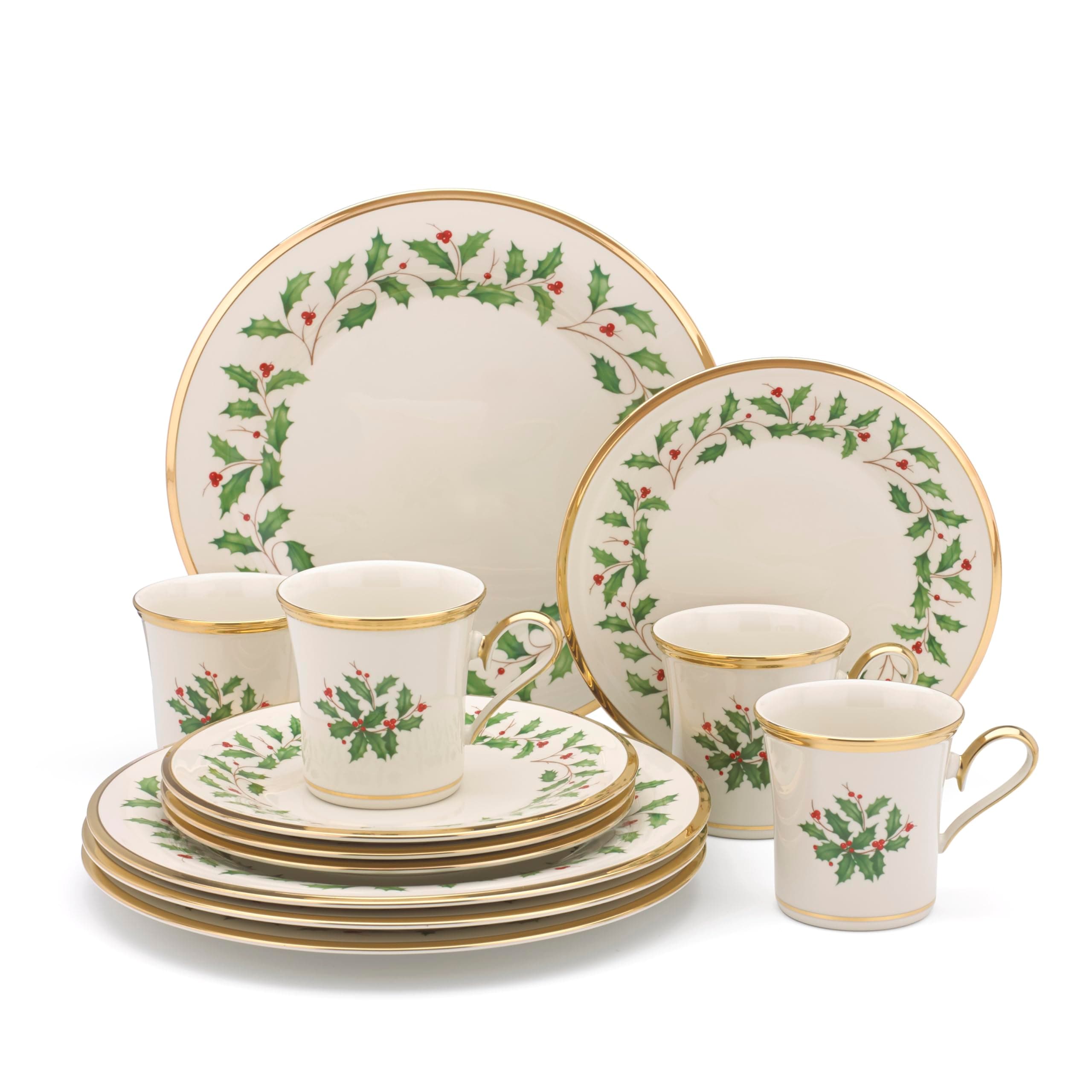 Dinnerware Set, Holiday 12-Piece Set, Service For 4, Porcelain Plate, Berry Motif With 24-Karat Gold Accents, Christmas Dinner Plates, Salad Plates And Mugs, Dishwasher Safe (Assorted, 12 Piece)