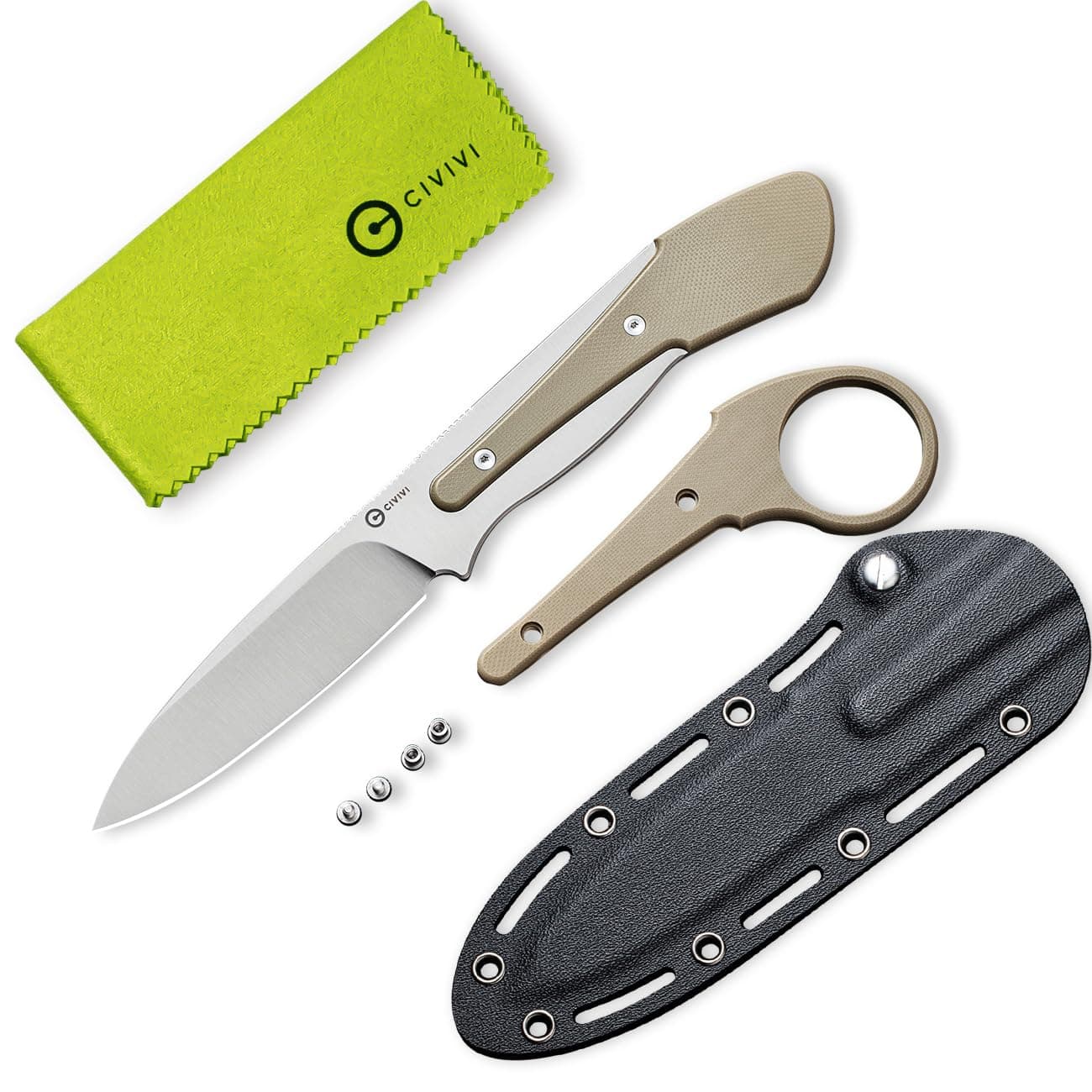 Varius Fixed Blade Knife with a Kydex Sheath, a Finger Ring and Conventional Handle, Full Tang Knife with 3.26" D2 Blade G10 Handle for Men Women C22009D-2